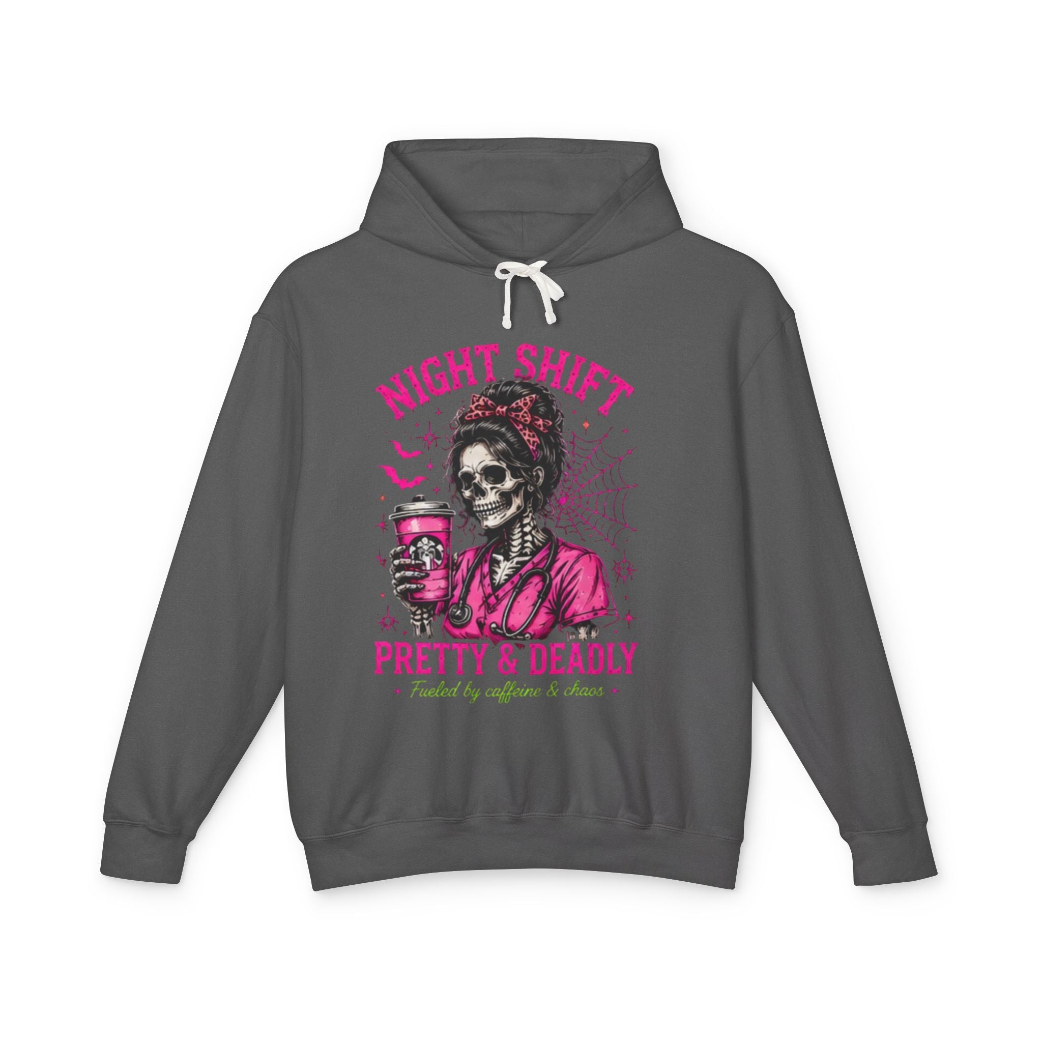 Night Shift Hoodie — "Pretty & Deadly" Skeleton Nurse Coffee Hooded Sweatshirt 1