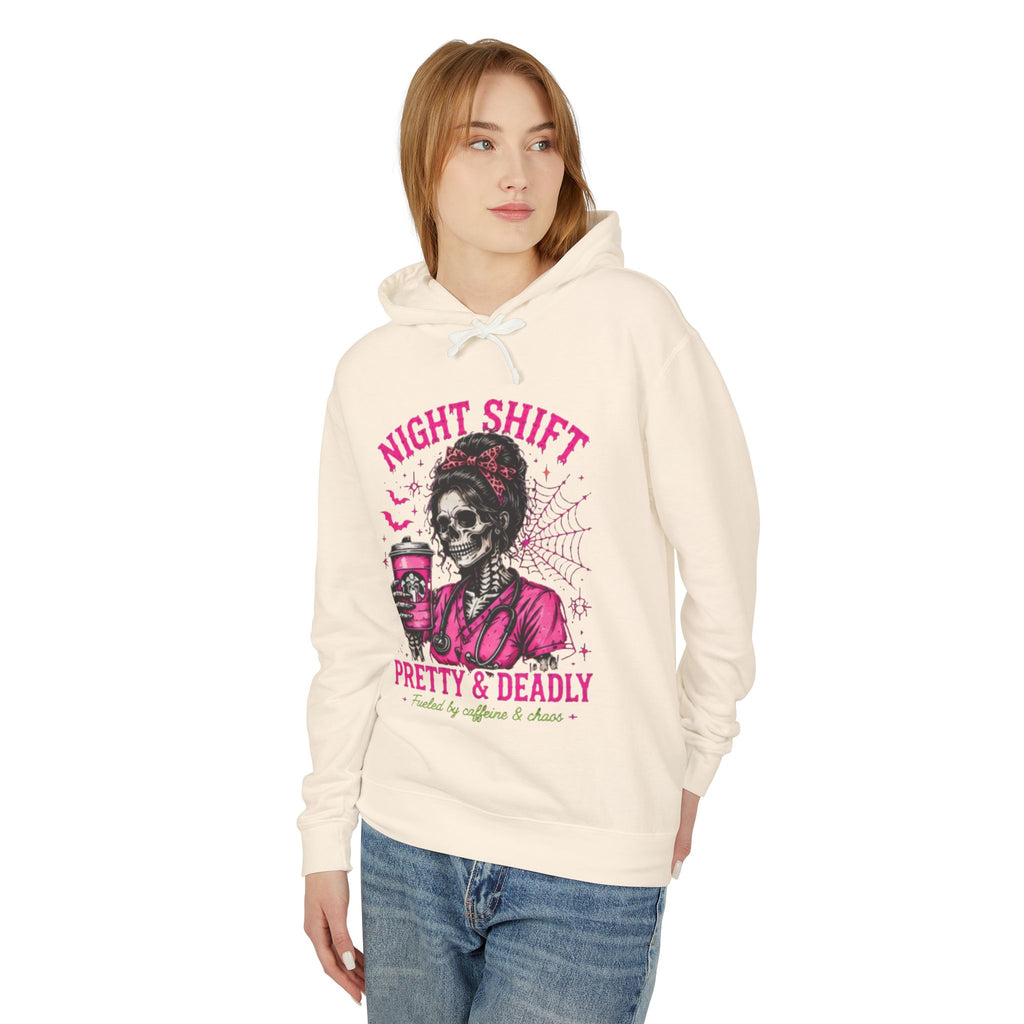 Night Shift Hoodie — "Pretty & Deadly" Skeleton Nurse Coffee Hooded Sweatshirt 1
