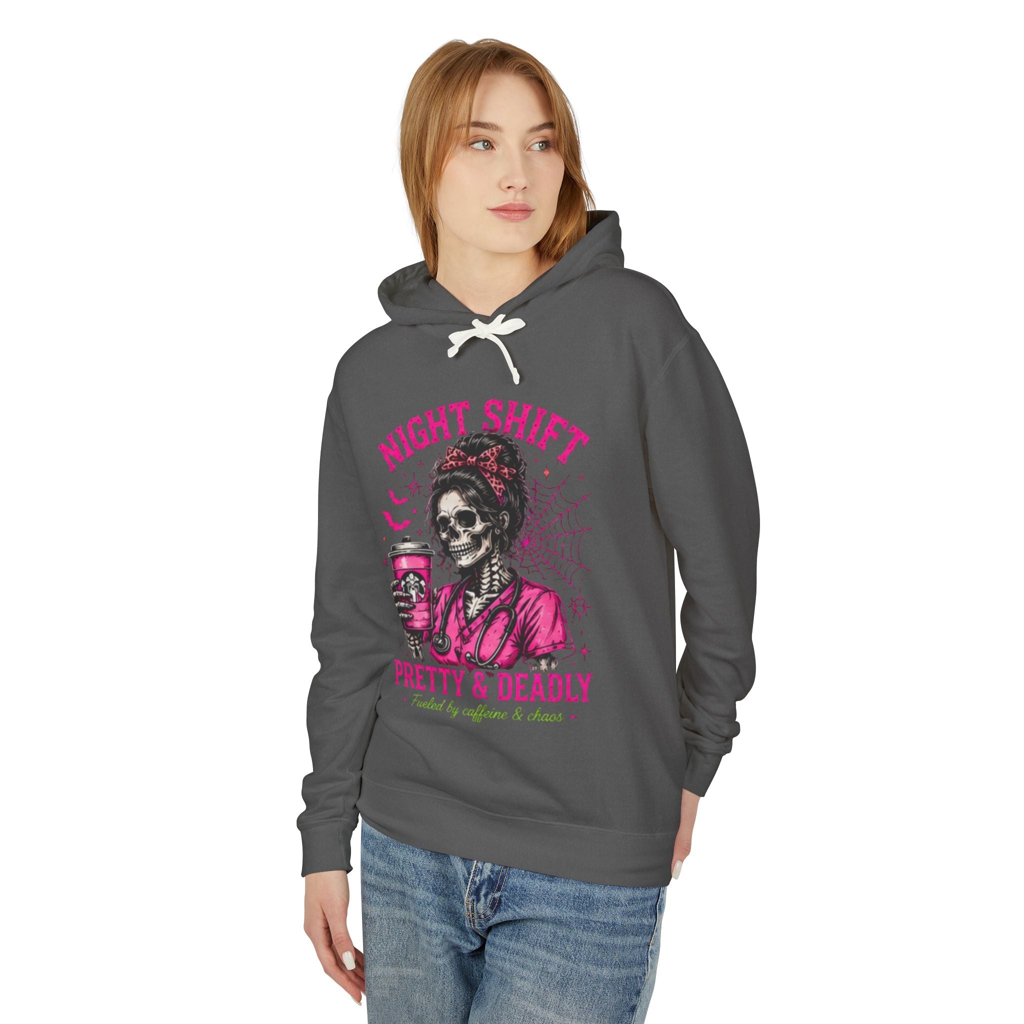 Night Shift Hoodie — "Pretty & Deadly" Skeleton Nurse Coffee Hooded Sweatshirt 1