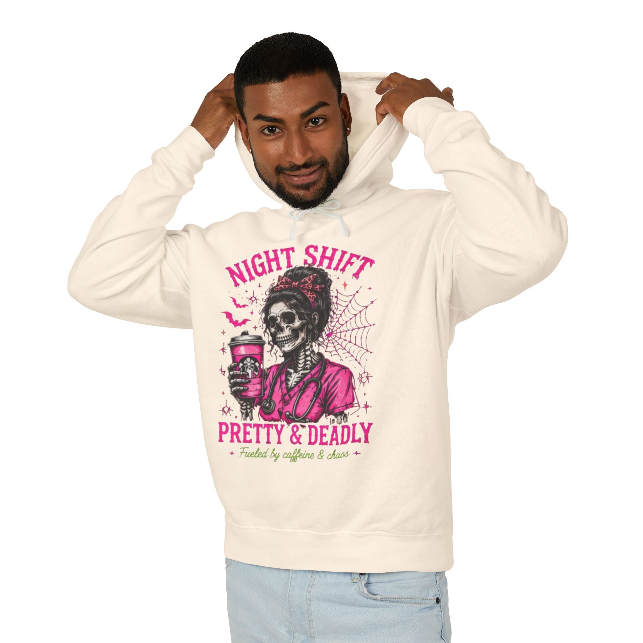 Night Shift Hoodie — "Pretty & Deadly" Skeleton Nurse Coffee Hooded Sweatshirt 1