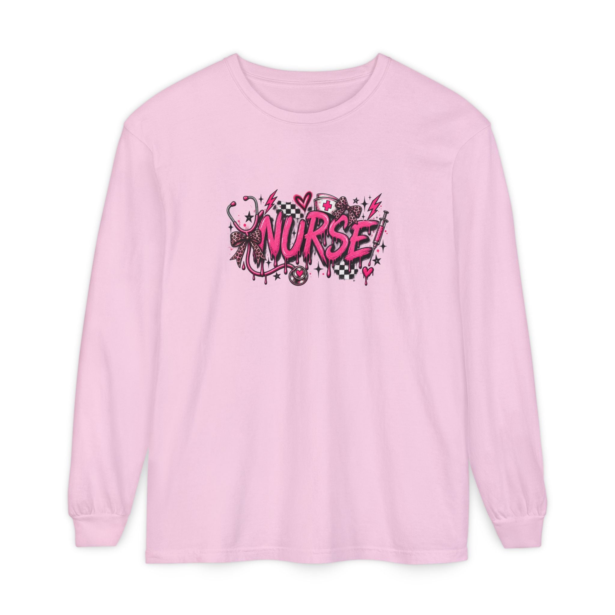 Nurse Comic-Style Long Sleeve Tee — Pink Graphic Nursing Shirt