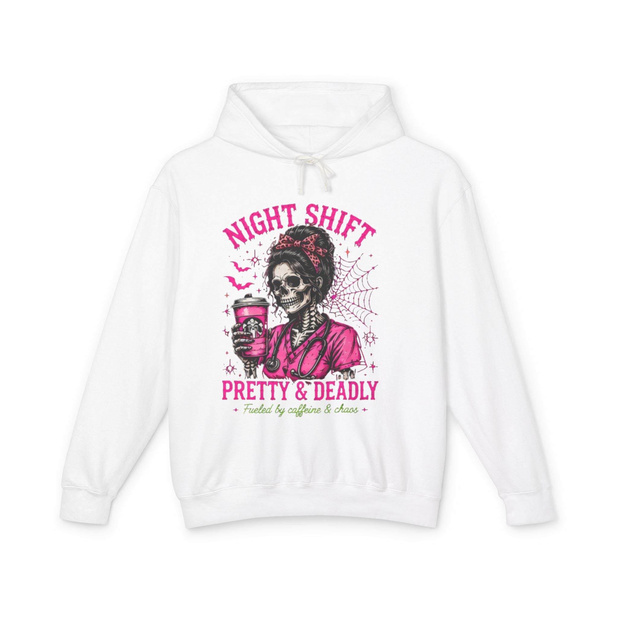 Night Shift Hoodie — "Pretty & Deadly" Skeleton Nurse Coffee Hooded Sweatshirt 1