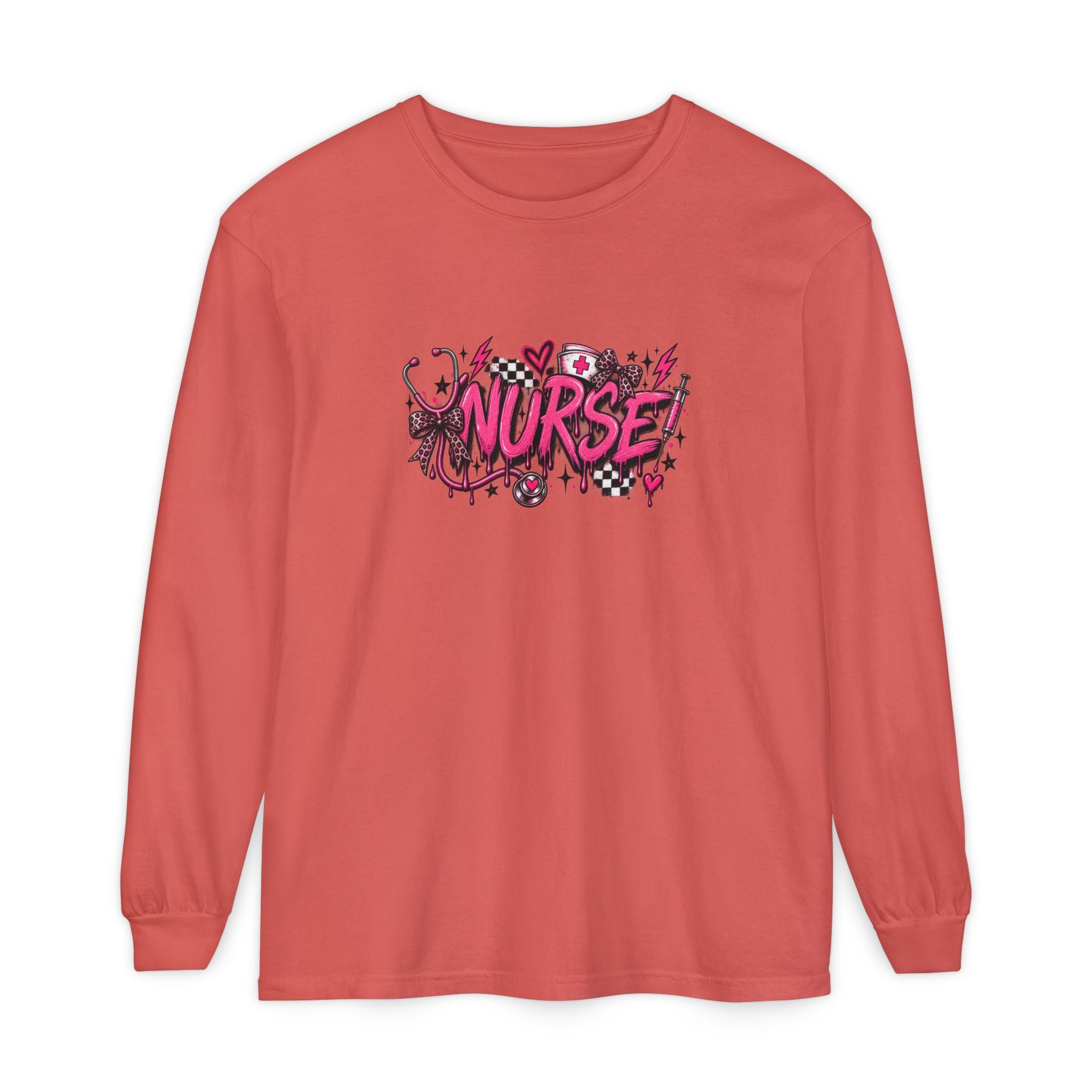 Nurse Comic-Style Long Sleeve Tee — Pink Graphic Nursing Shirt