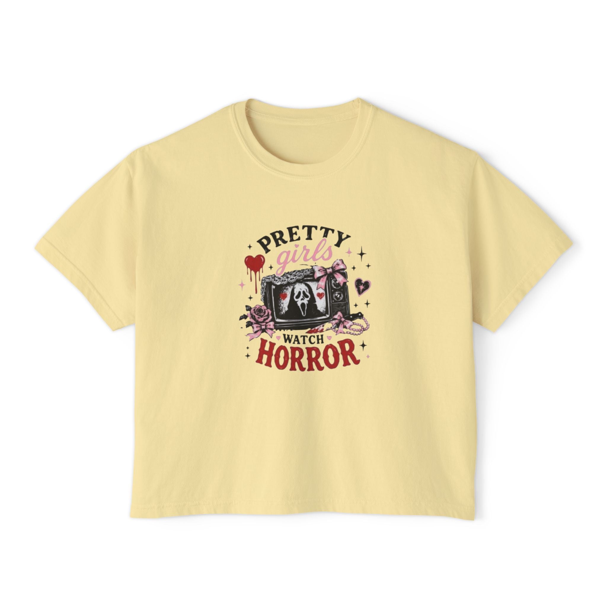 Boxy Tee — "Pretty Girls Watch Horror" Graphic Top