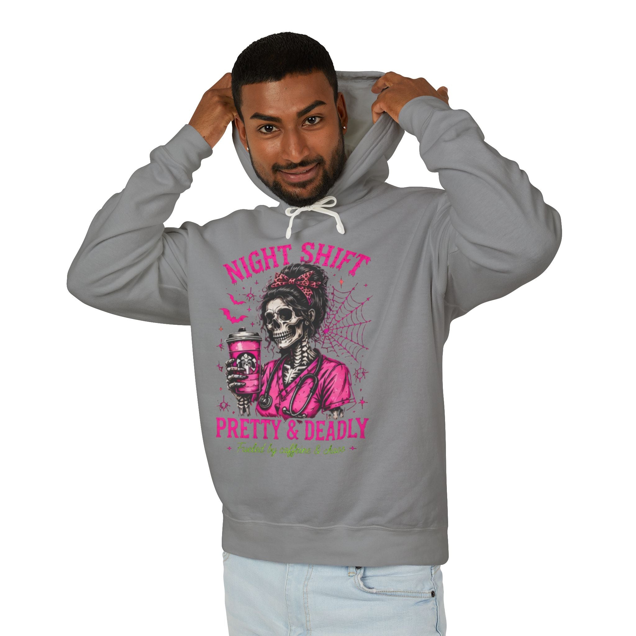 Night Shift Hoodie — "Pretty & Deadly" Skeleton Nurse Coffee Hooded Sweatshirt 1