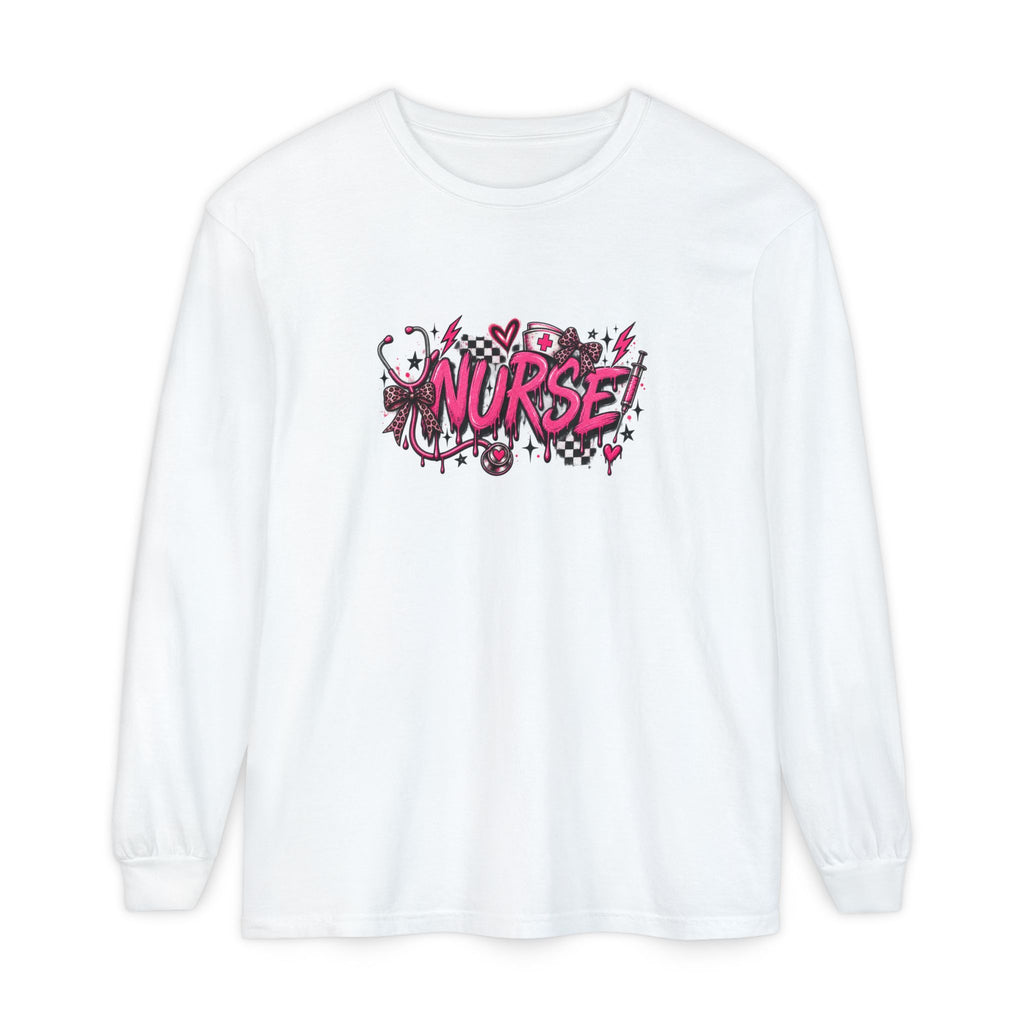 Nurse Comic-Style Long Sleeve Tee — Pink Graphic Nursing Shirt