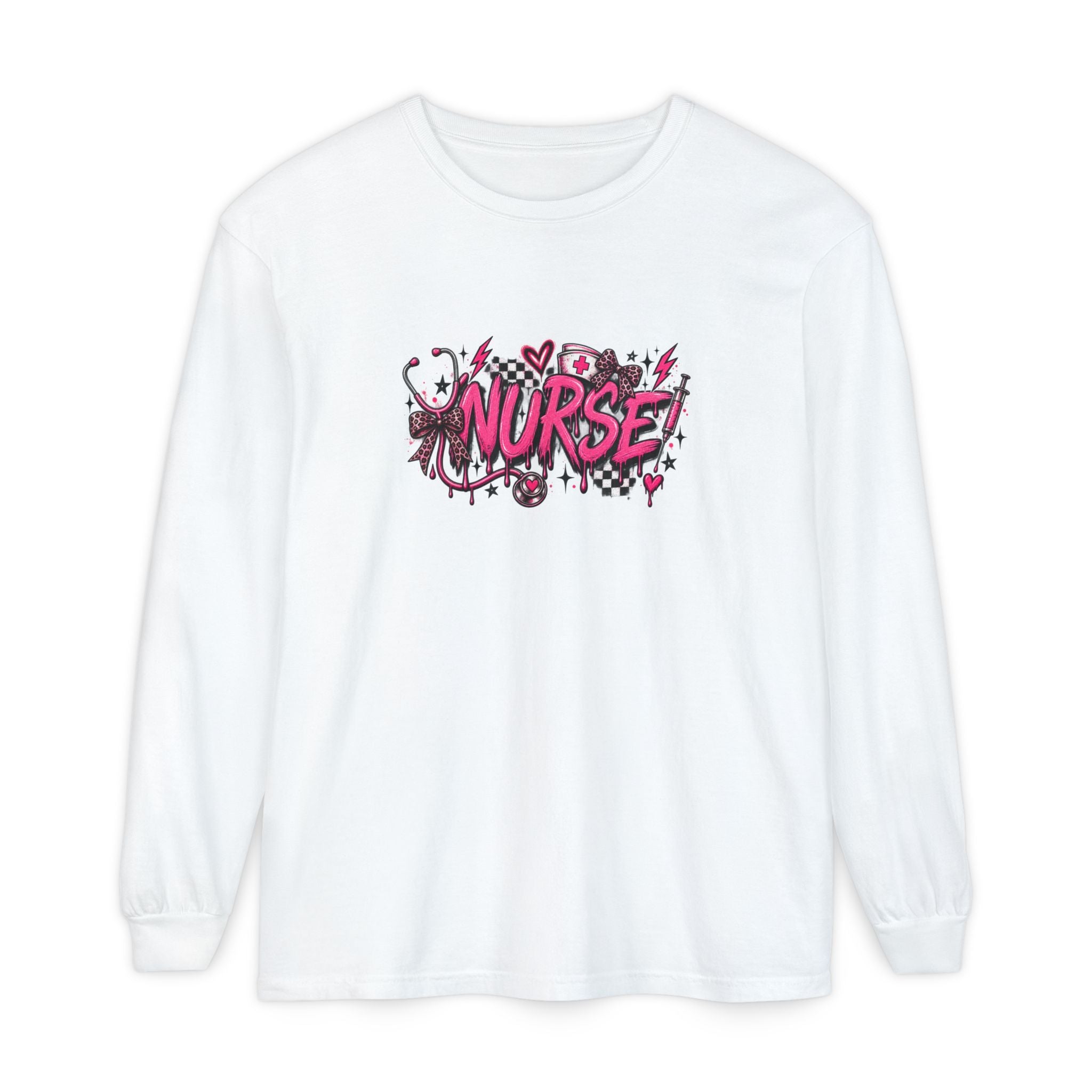 Nurse Comic-Style Long Sleeve Tee — Pink Graphic Nursing Shirt
