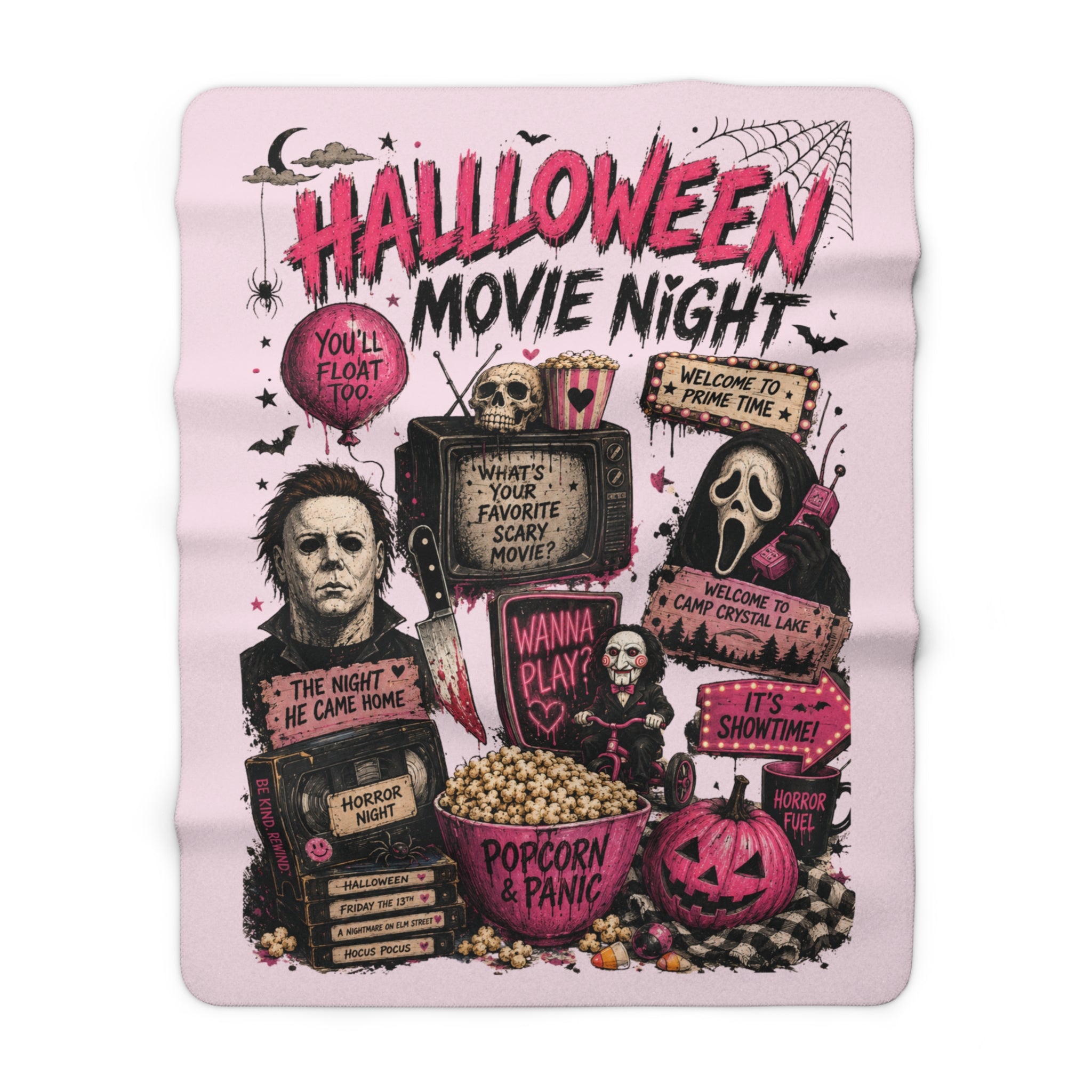 Halloween Movie Night Sherpa Blanket — Horror Movie Icons Popcorn Panic Throw