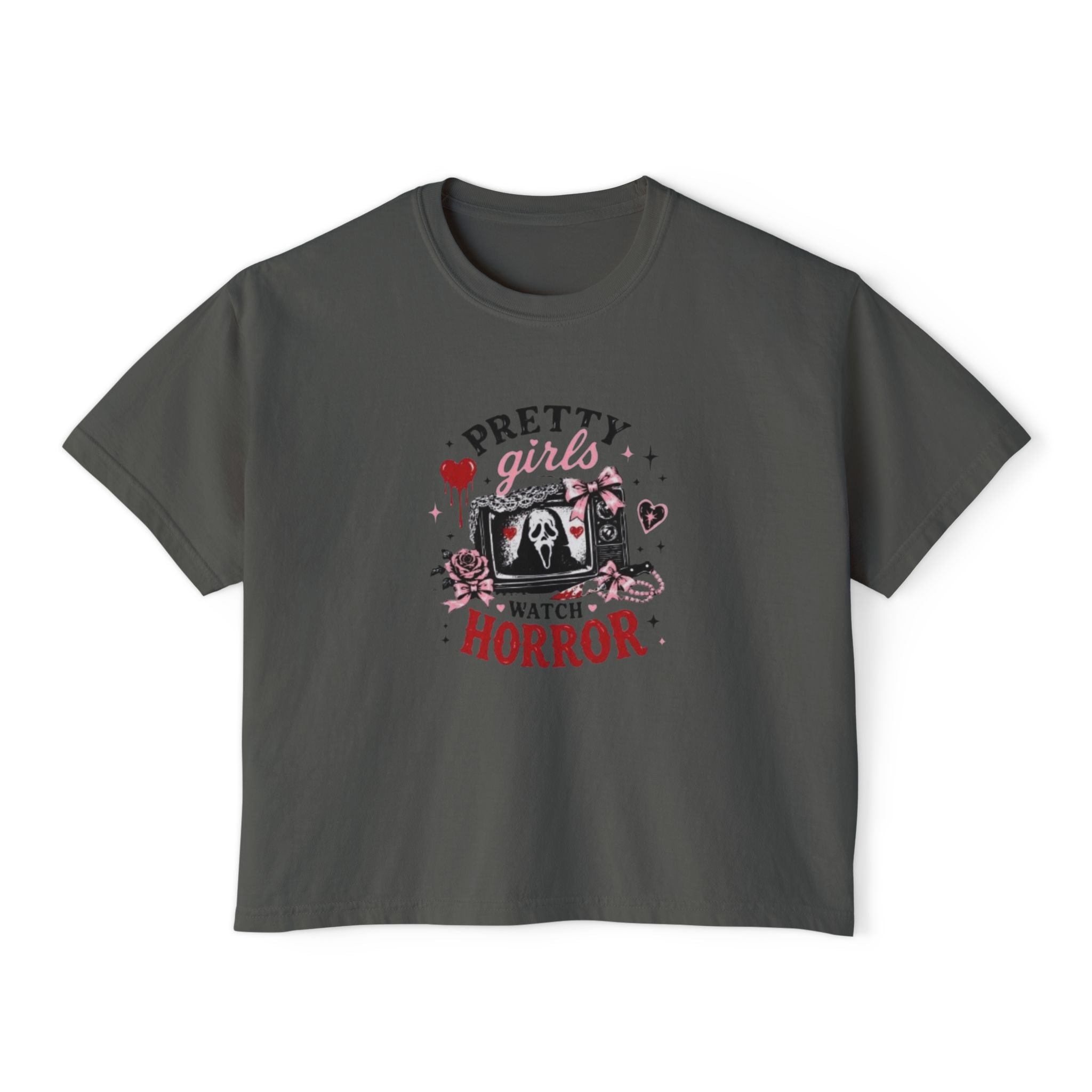 Boxy Tee — "Pretty Girls Watch Horror" Graphic Top
