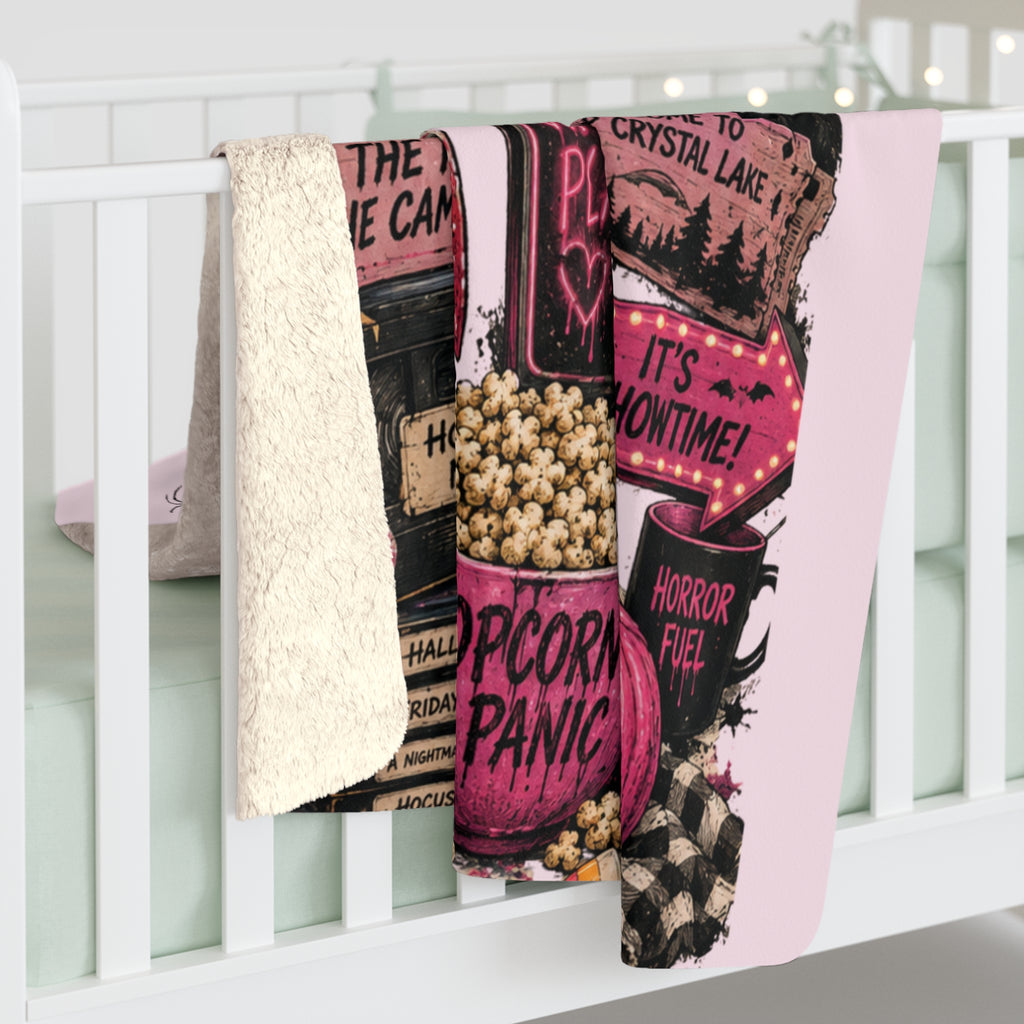 Halloween Movie Night Sherpa Blanket — Horror Movie Icons Popcorn Panic Throw