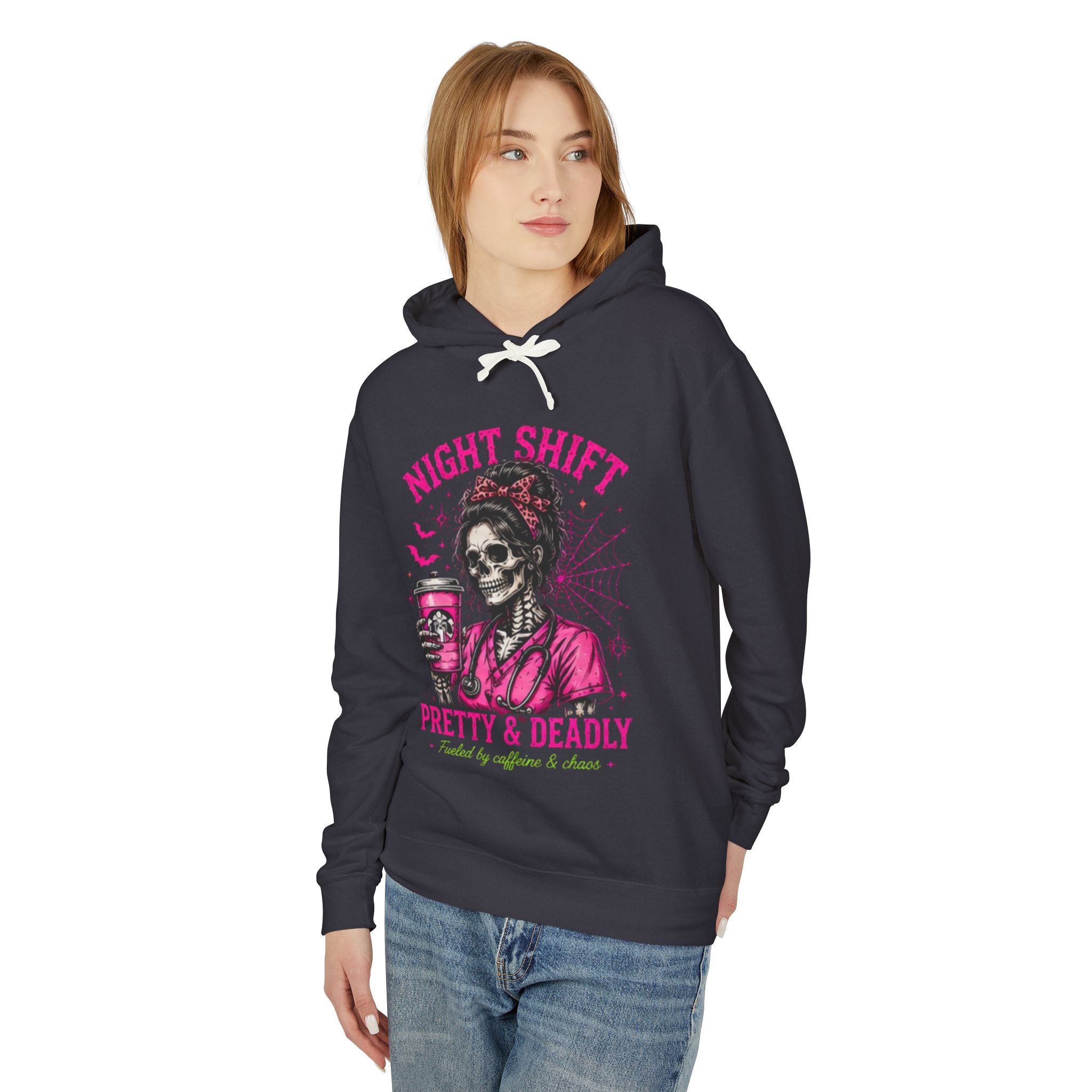 Night Shift Hoodie — "Pretty & Deadly" Skeleton Nurse Coffee Hooded Sweatshirt 1