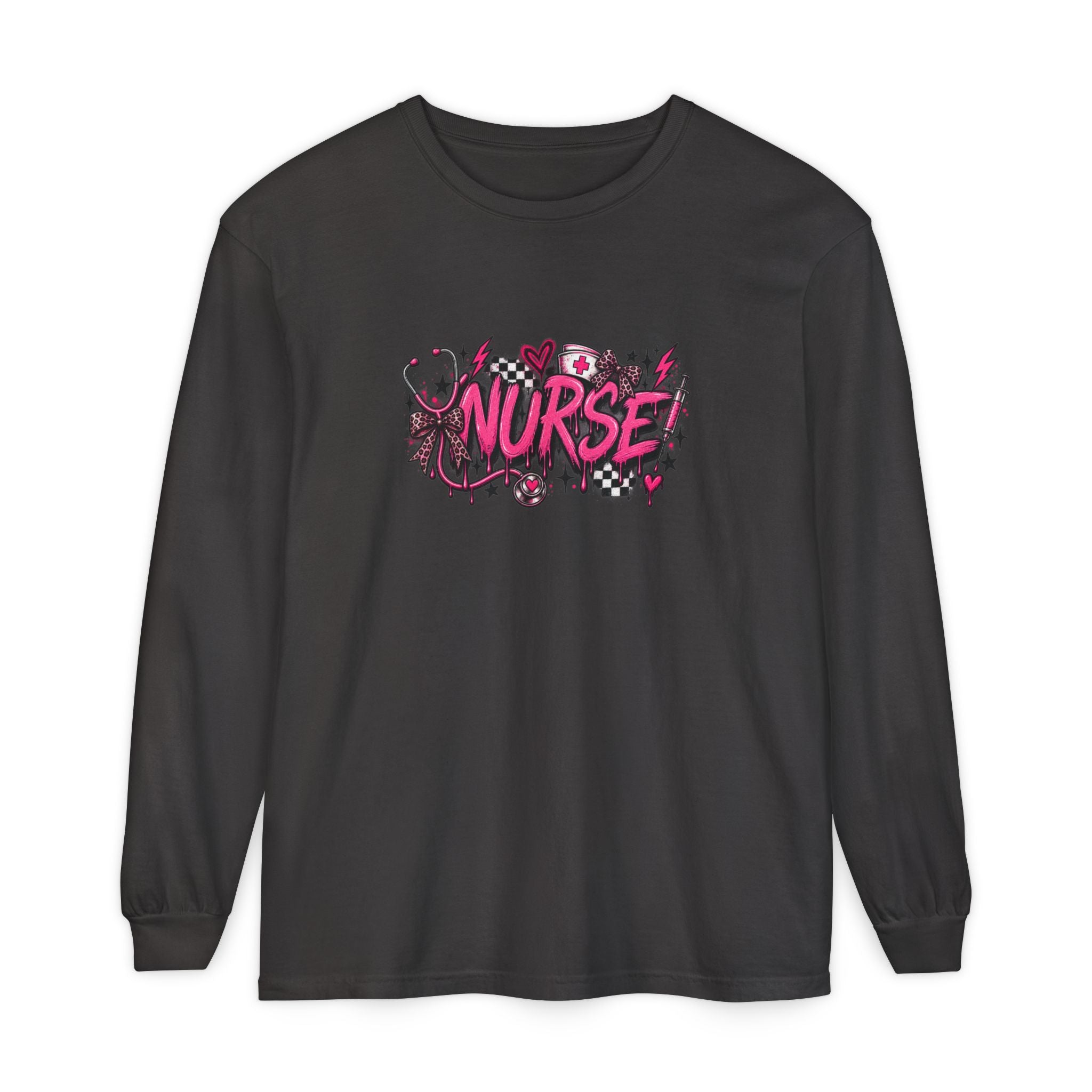 Nurse Comic-Style Long Sleeve Tee — Pink Graphic Nursing Shirt