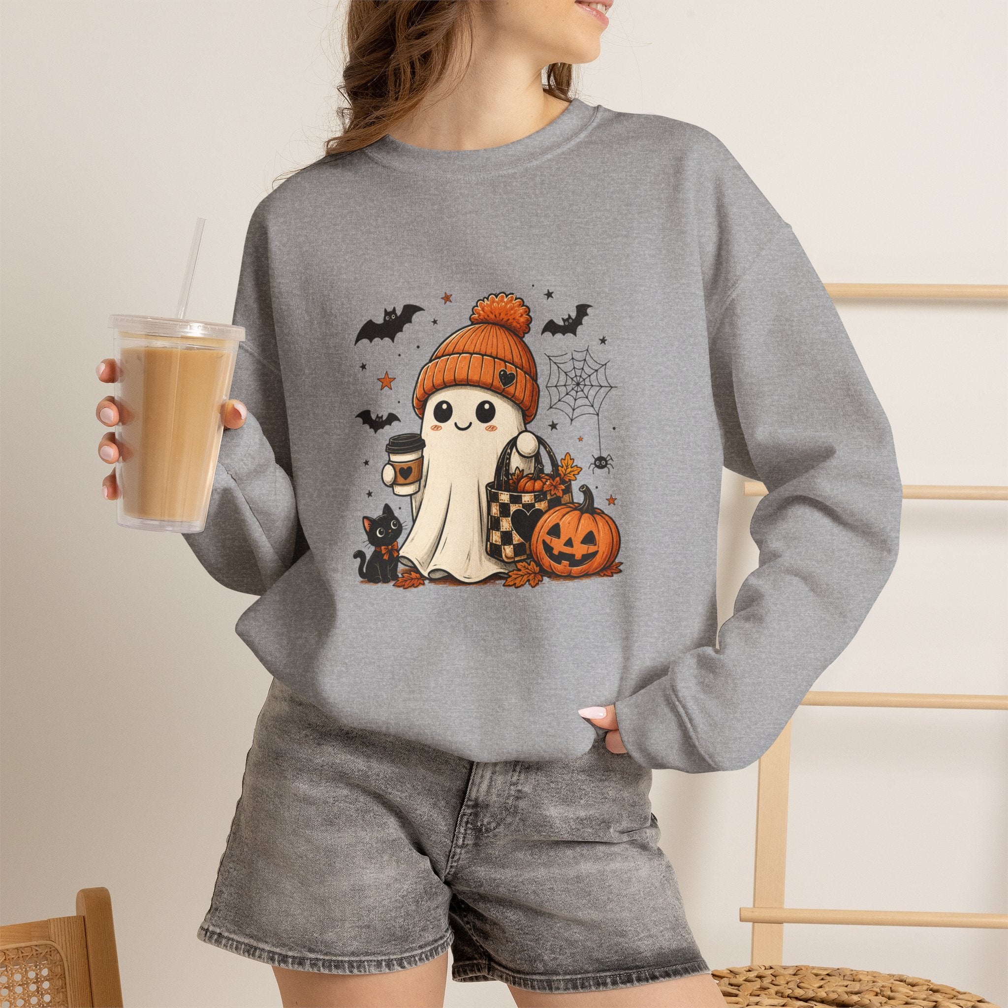 Halloween Ghost Sweatshirt — Cute Ghost with Pumpkin, Cat & Coffee
