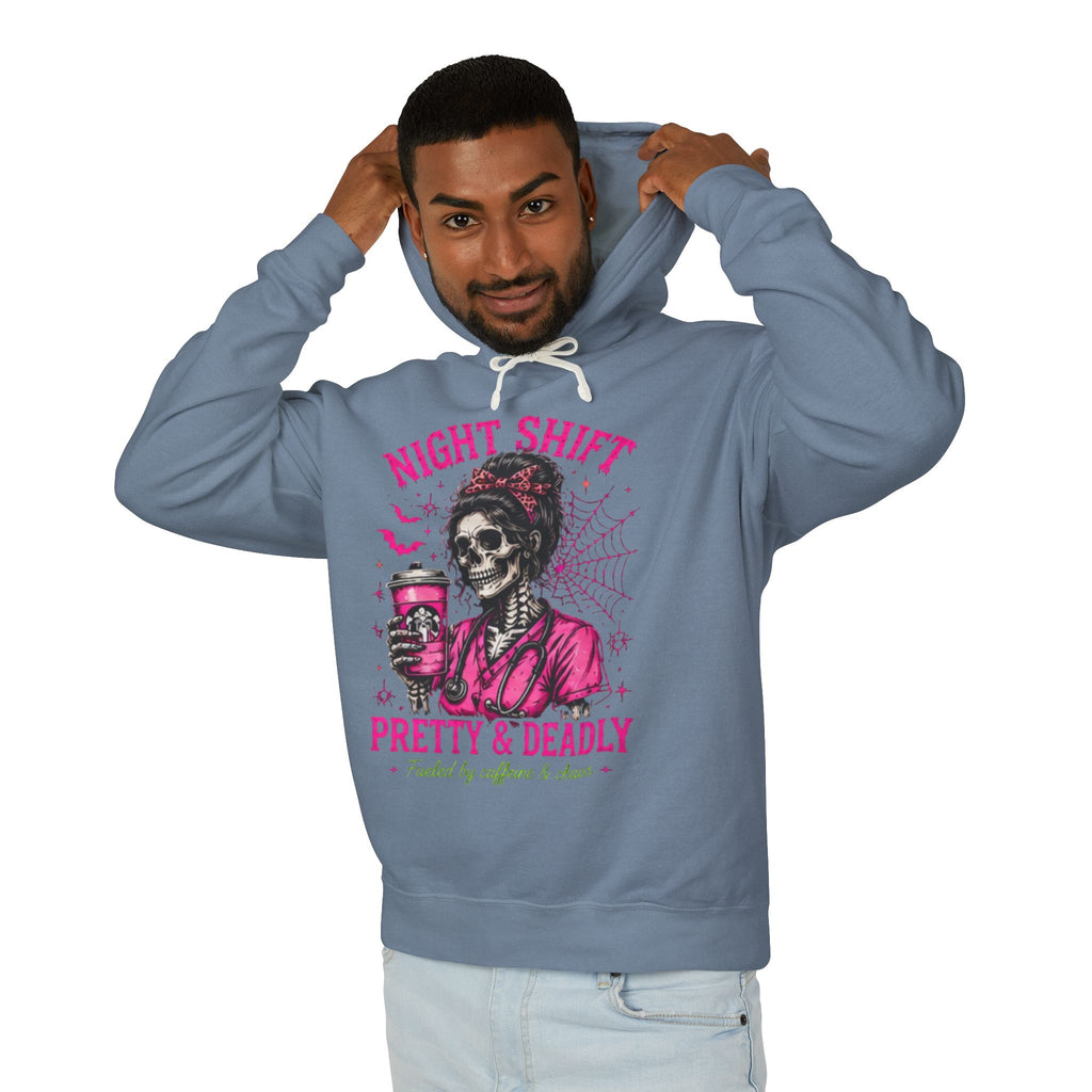 Night Shift Hoodie — "Pretty & Deadly" Skeleton Nurse Coffee Hooded Sweatshirt 1
