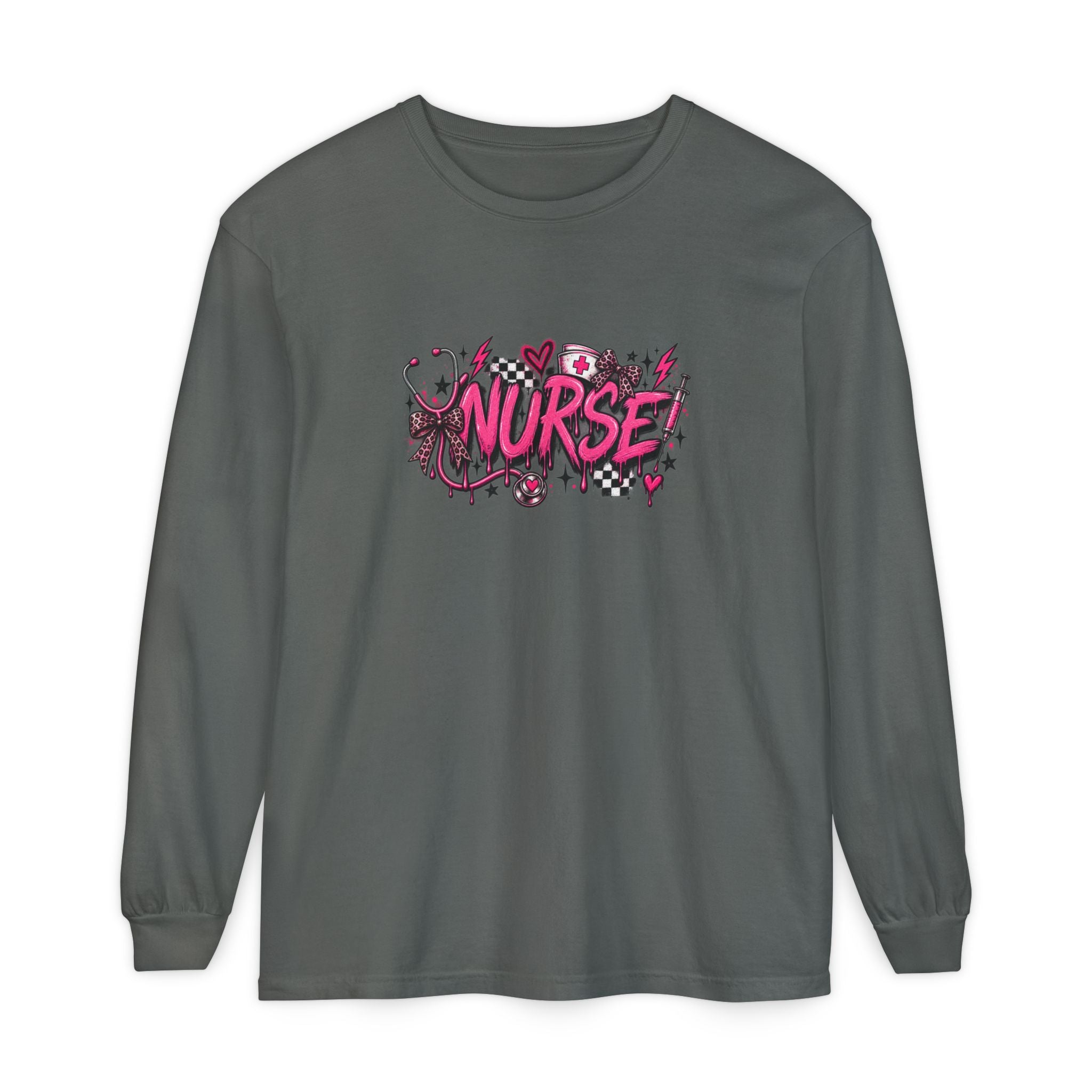 Nurse Comic-Style Long Sleeve Tee — Pink Graphic Nursing Shirt