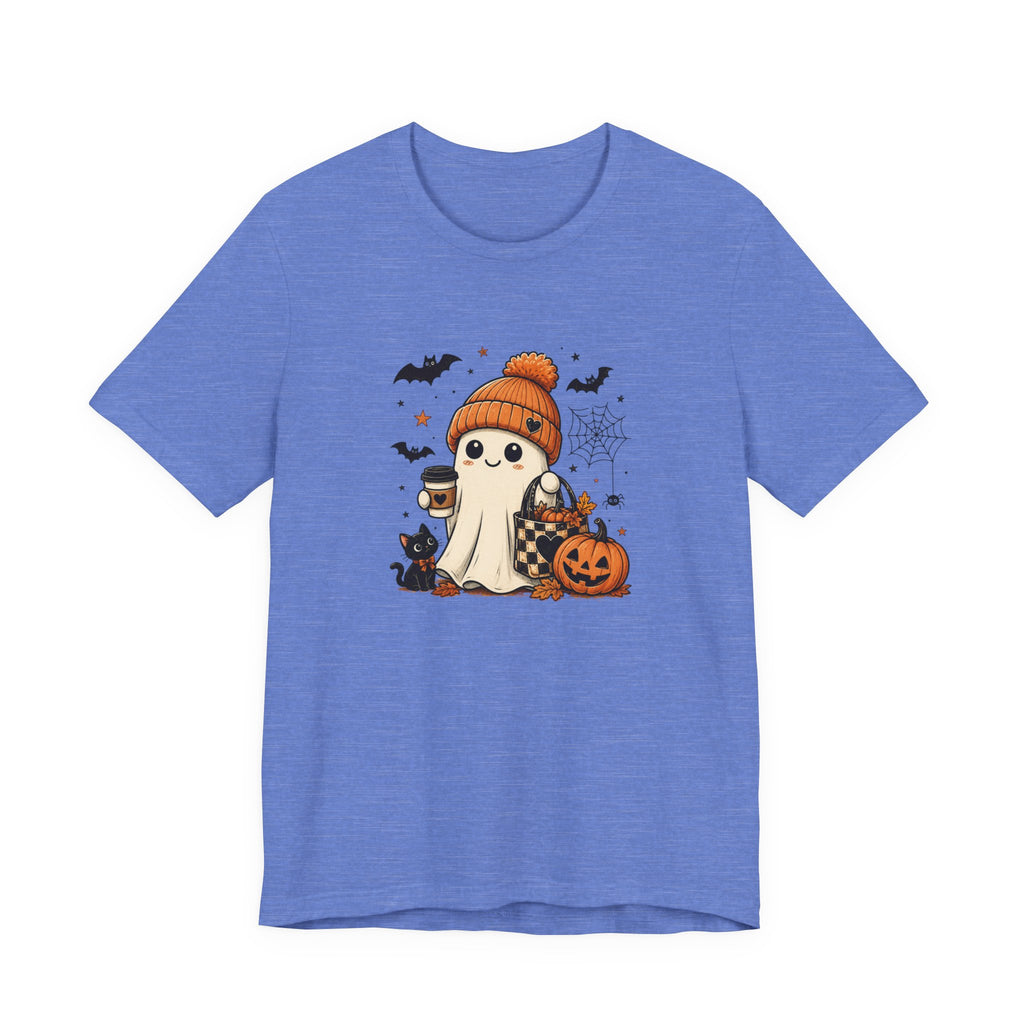 Halloween Ghost Tee – Cute Pumpkin, Black Cat & Coffee Fall Graphic T-Shirt
