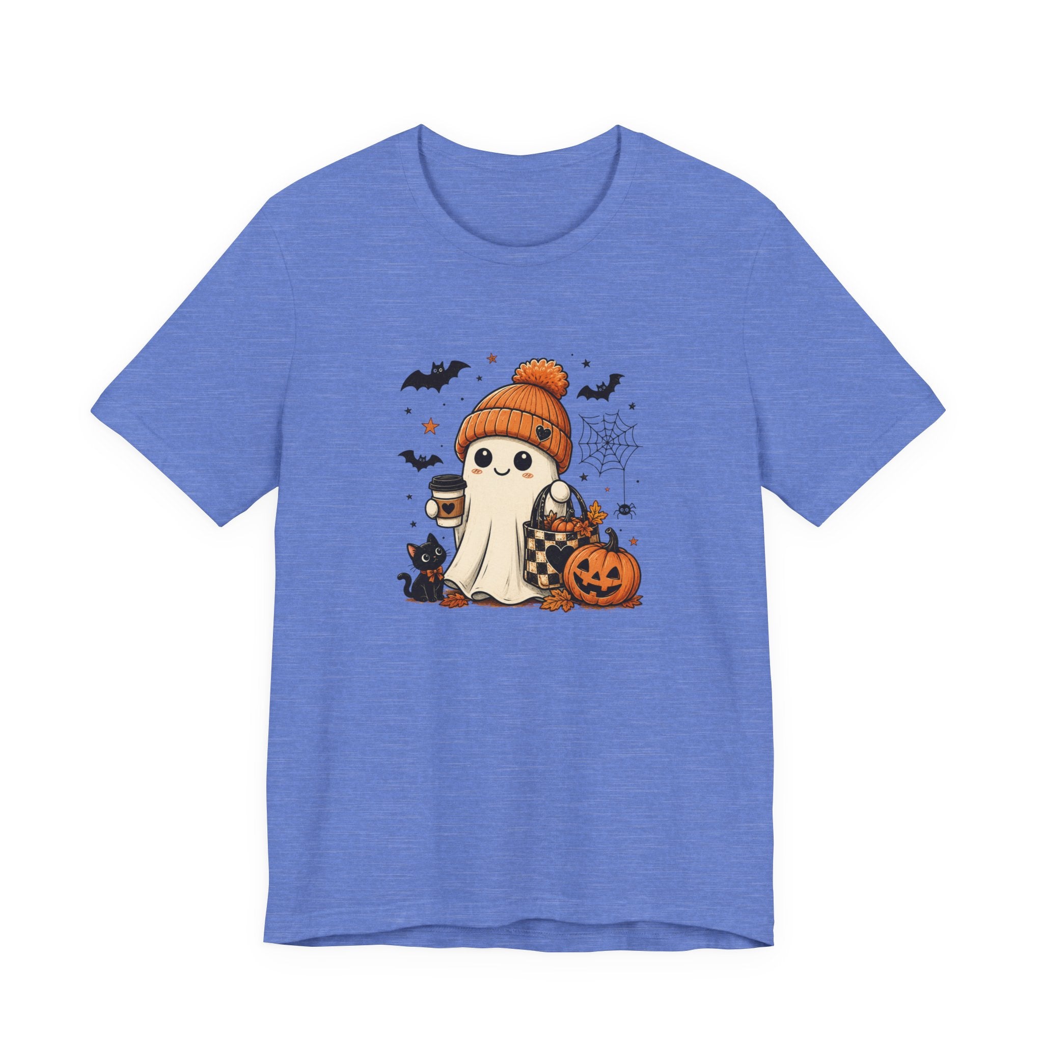 Halloween Ghost Tee – Cute Pumpkin, Black Cat & Coffee Fall Graphic T-Shirt