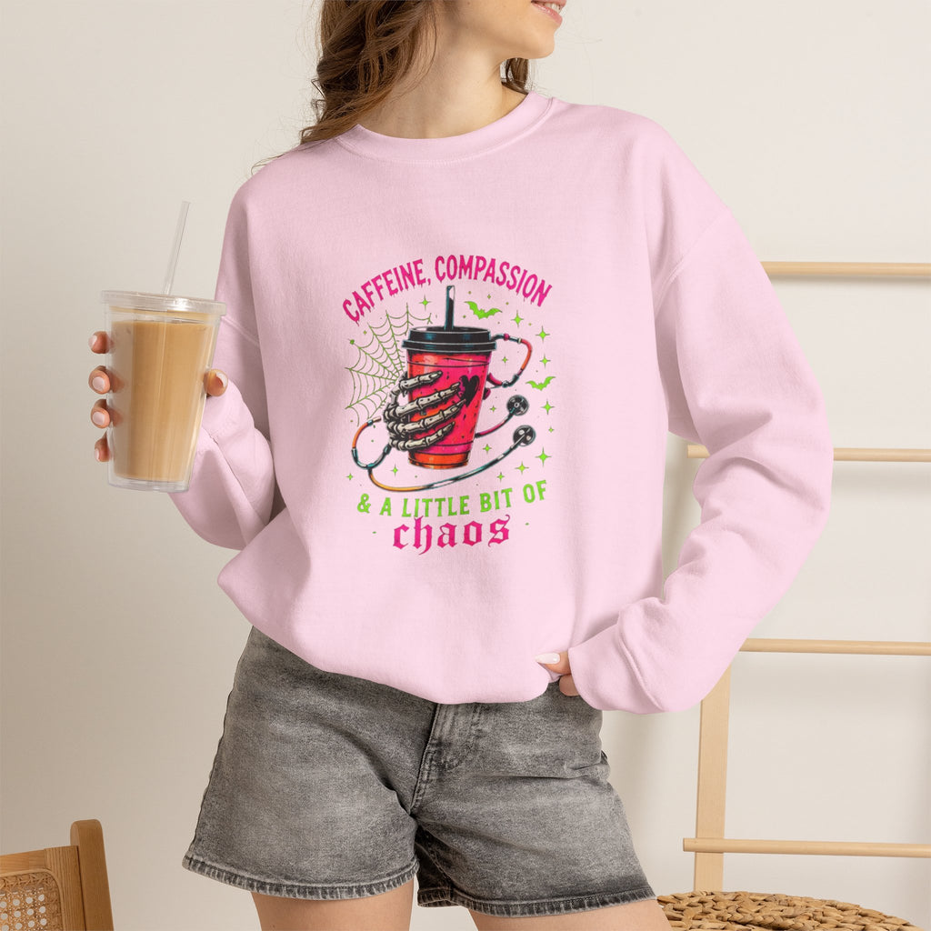 Caffeine, Compassion & A Little Bit of Chaos Crewneck Sweatshirt