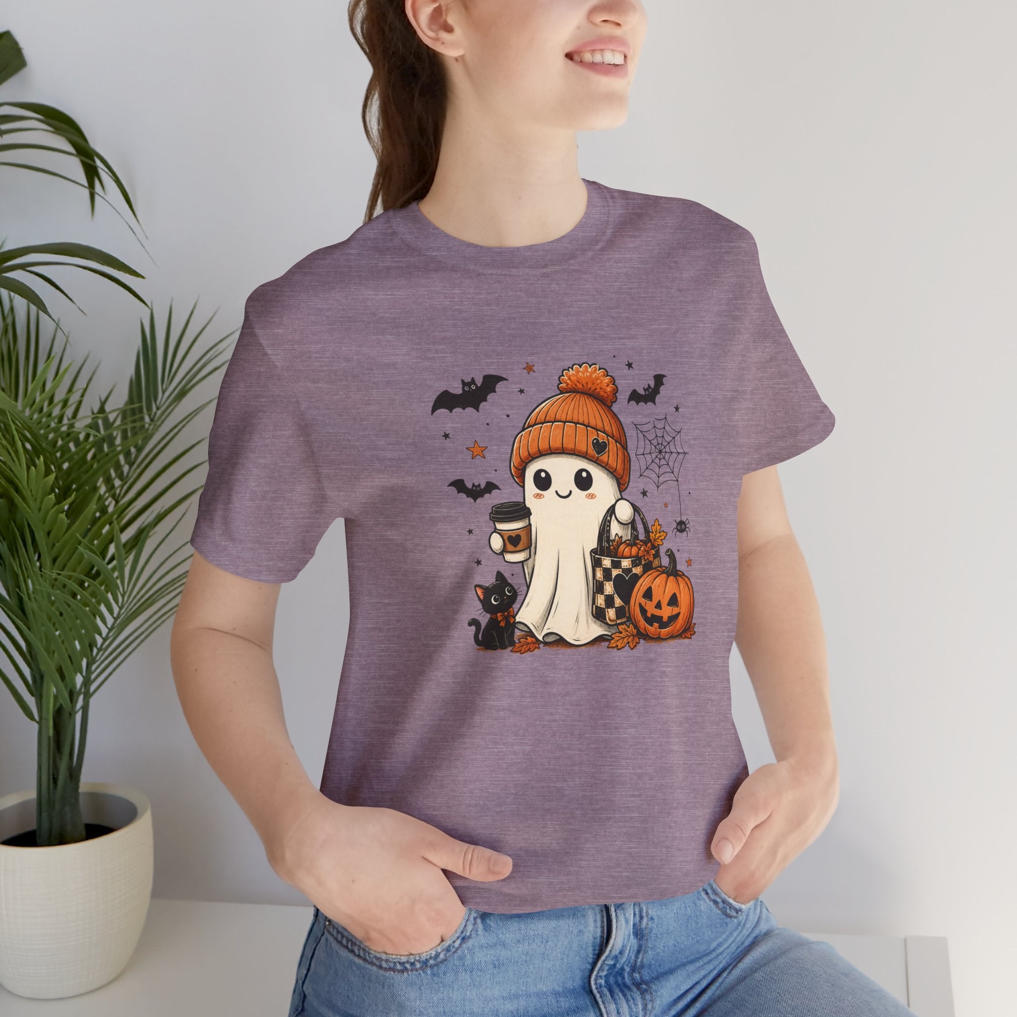 Halloween Ghost Tee – Cute Pumpkin, Black Cat & Coffee Fall Graphic T-Shirt