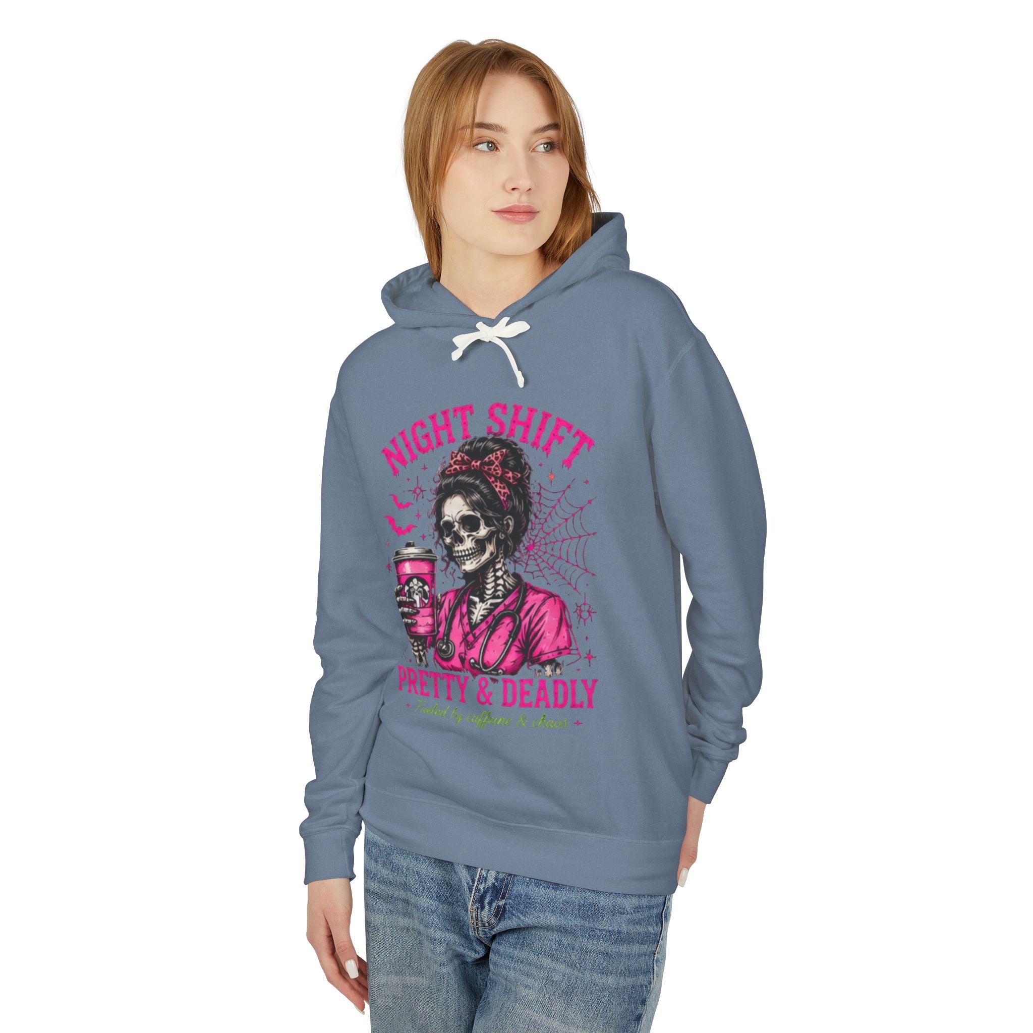Night Shift Hoodie — "Pretty & Deadly" Skeleton Nurse Coffee Hooded Sweatshirt 1