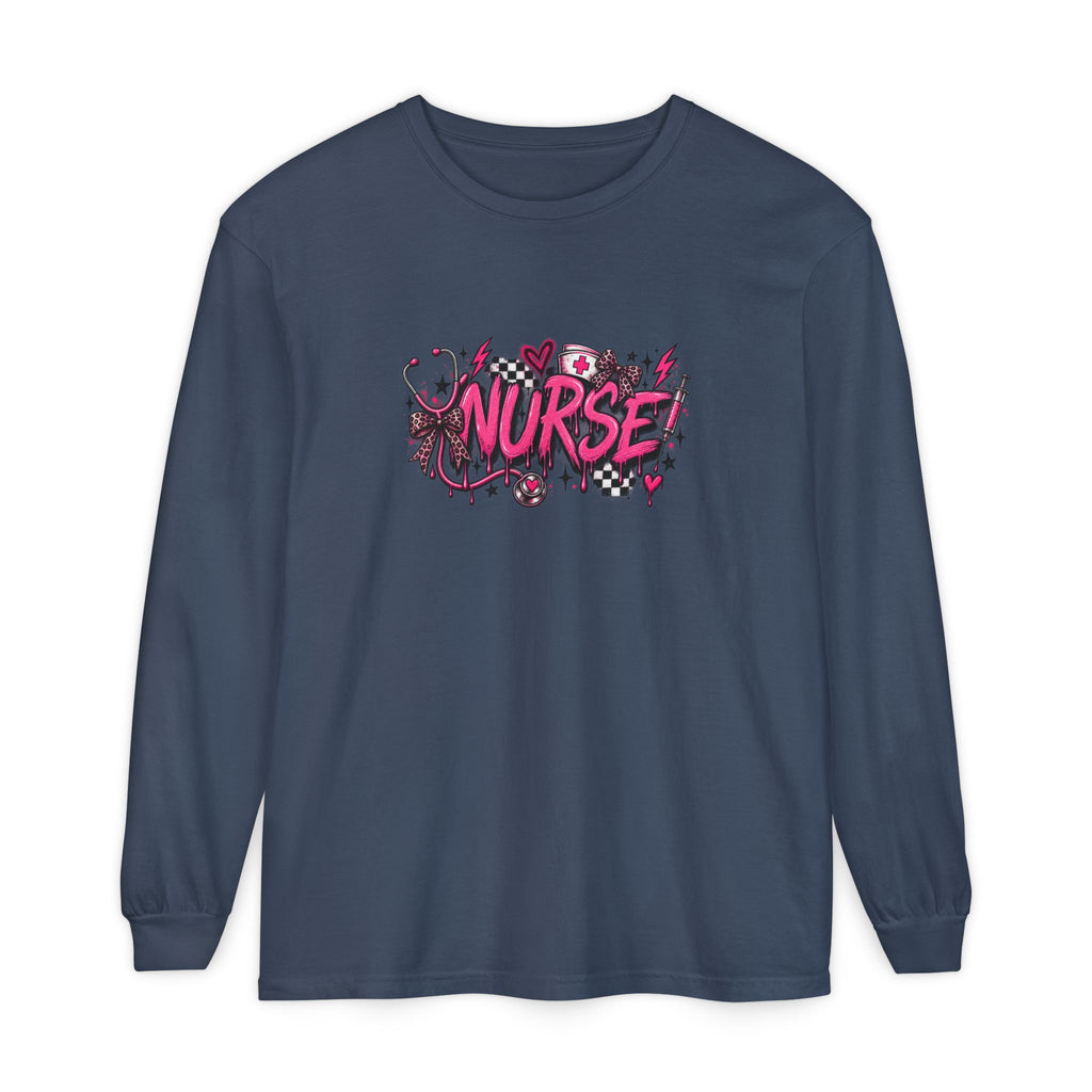 Nurse Comic-Style Long Sleeve Tee — Pink Graphic Nursing Shirt