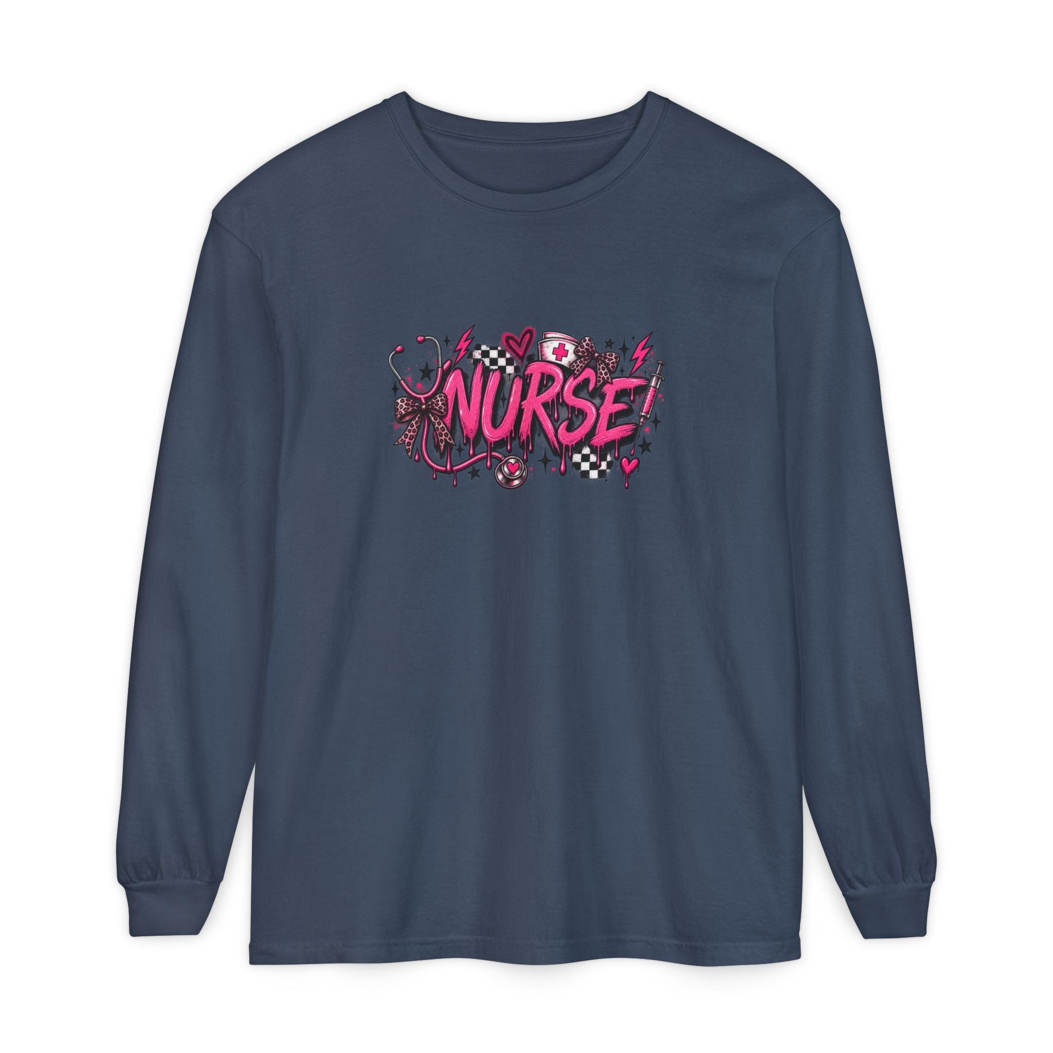 Nurse Comic-Style Long Sleeve Tee — Pink Graphic Nursing Shirt