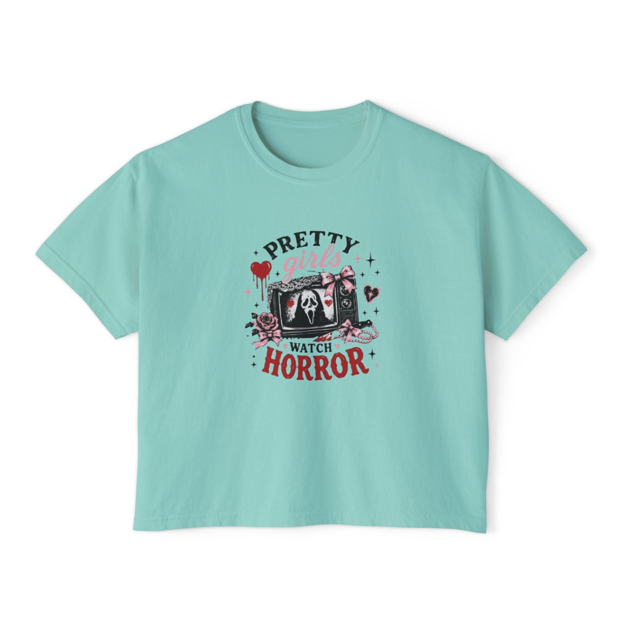 Boxy Tee — "Pretty Girls Watch Horror" Graphic Top