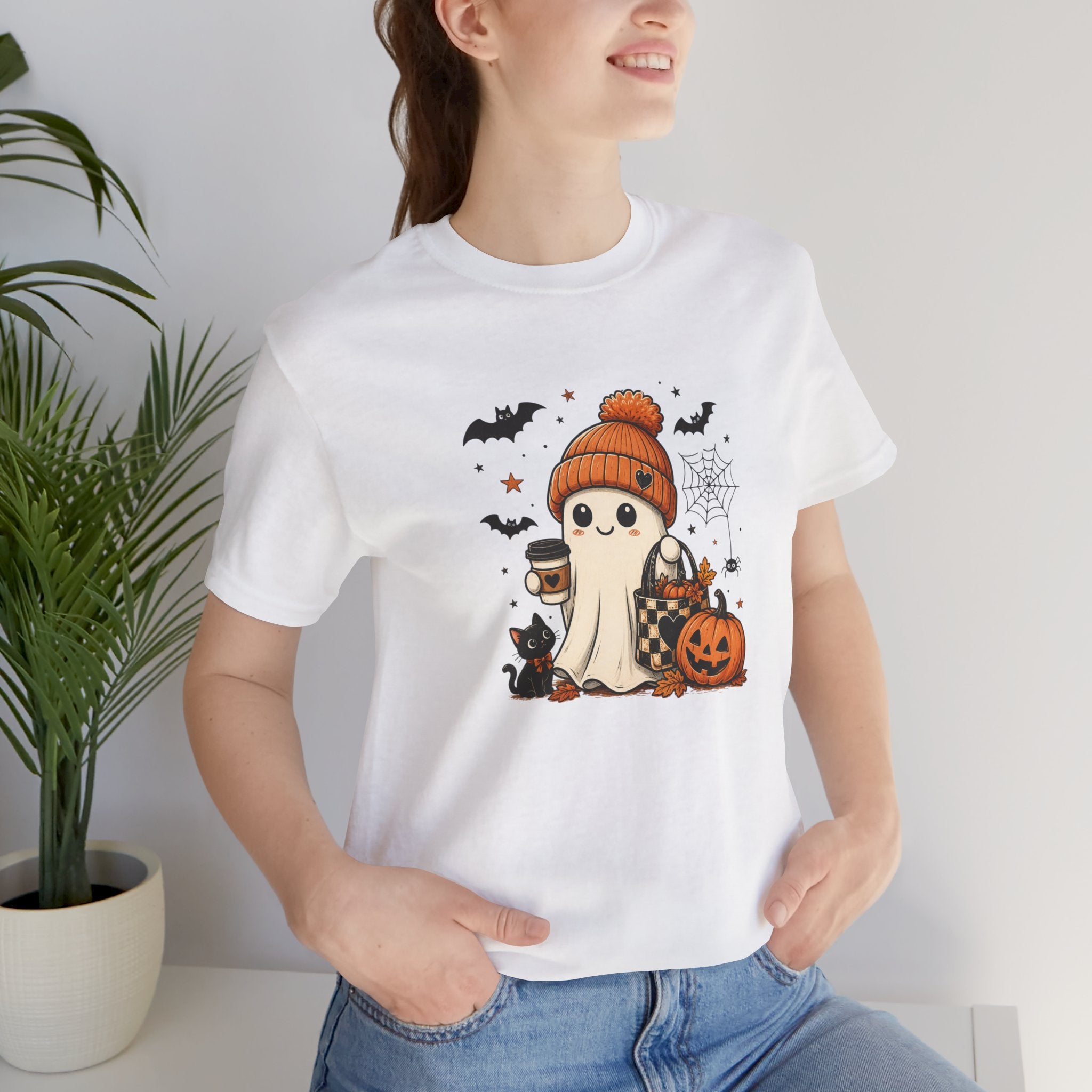 Halloween Ghost Tee – Cute Pumpkin, Black Cat & Coffee Fall Graphic T-Shirt