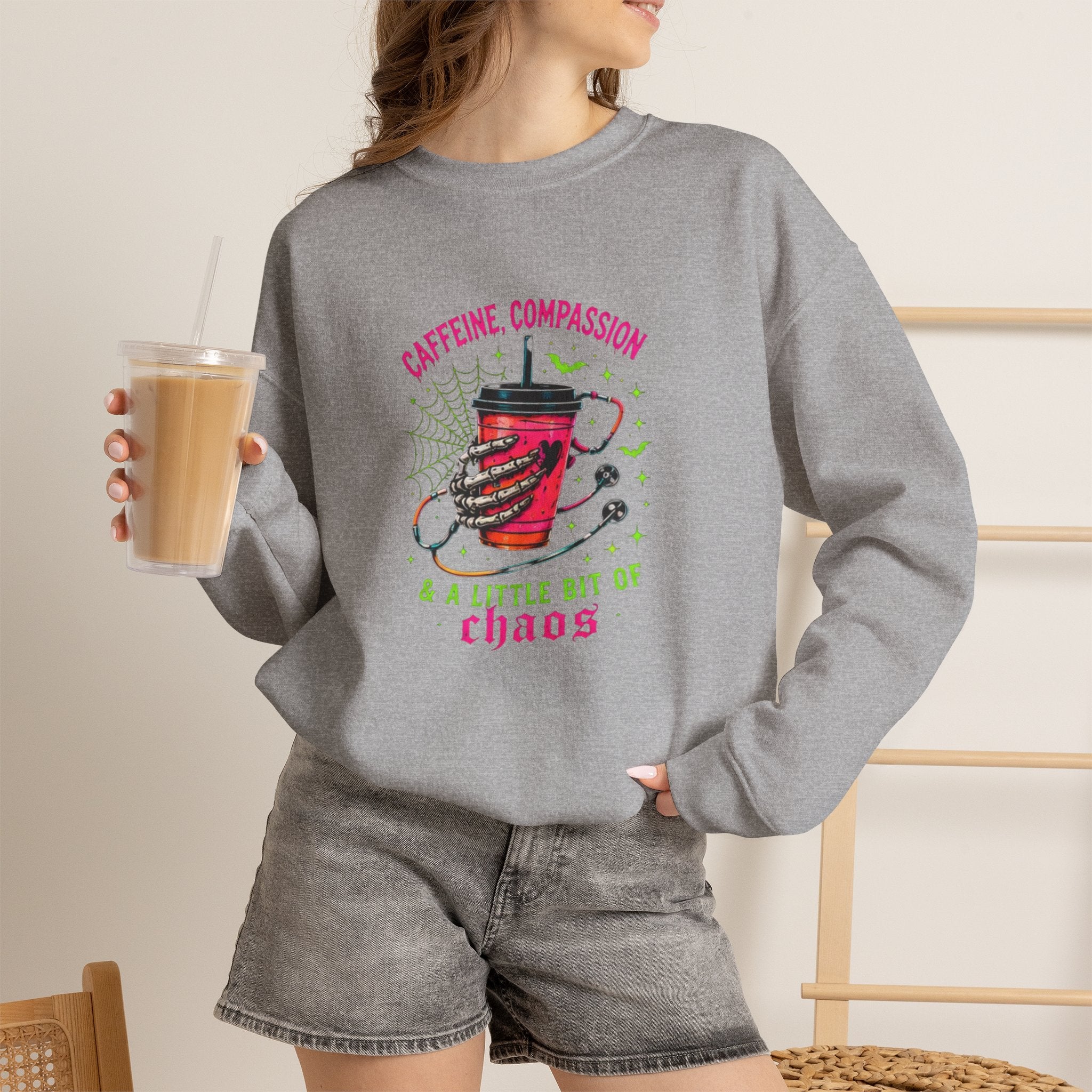 Caffeine, Compassion & A Little Bit of Chaos Crewneck Sweatshirt