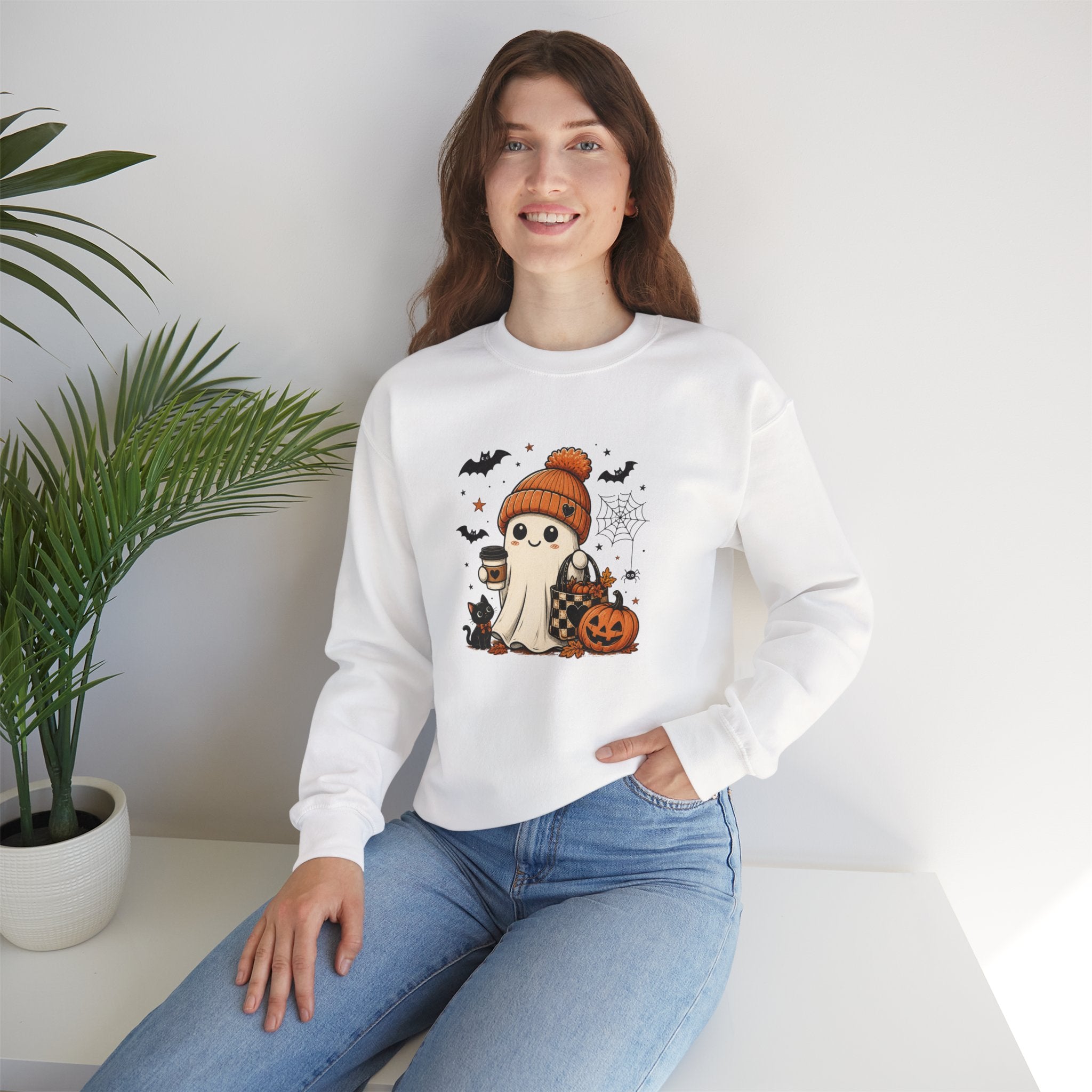 Halloween Ghost Sweatshirt — Cute Ghost with Pumpkin, Black Cat & Coffee