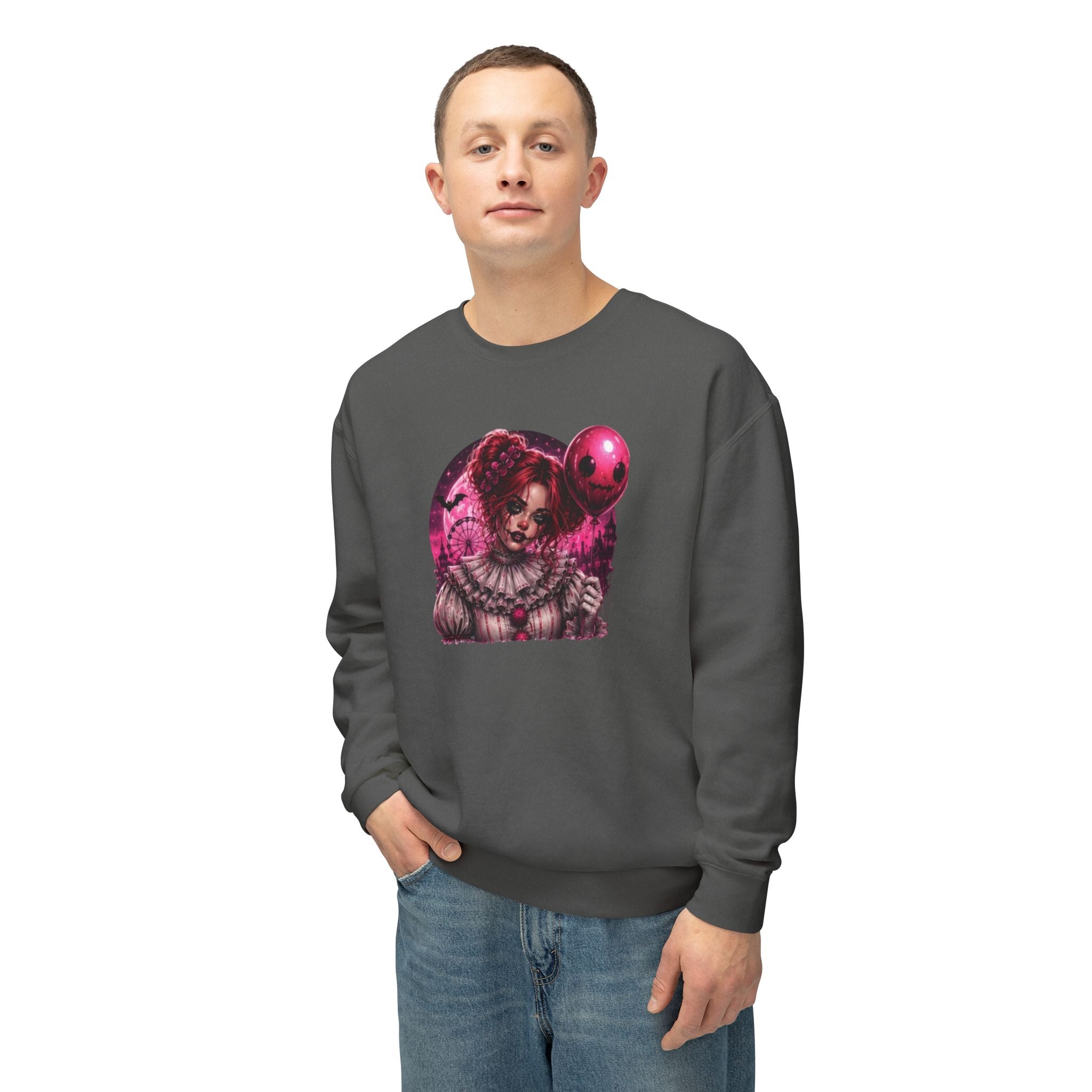 Creepy Clown Portrait Sweatshirt — Gothic Pink Horror Crewneck