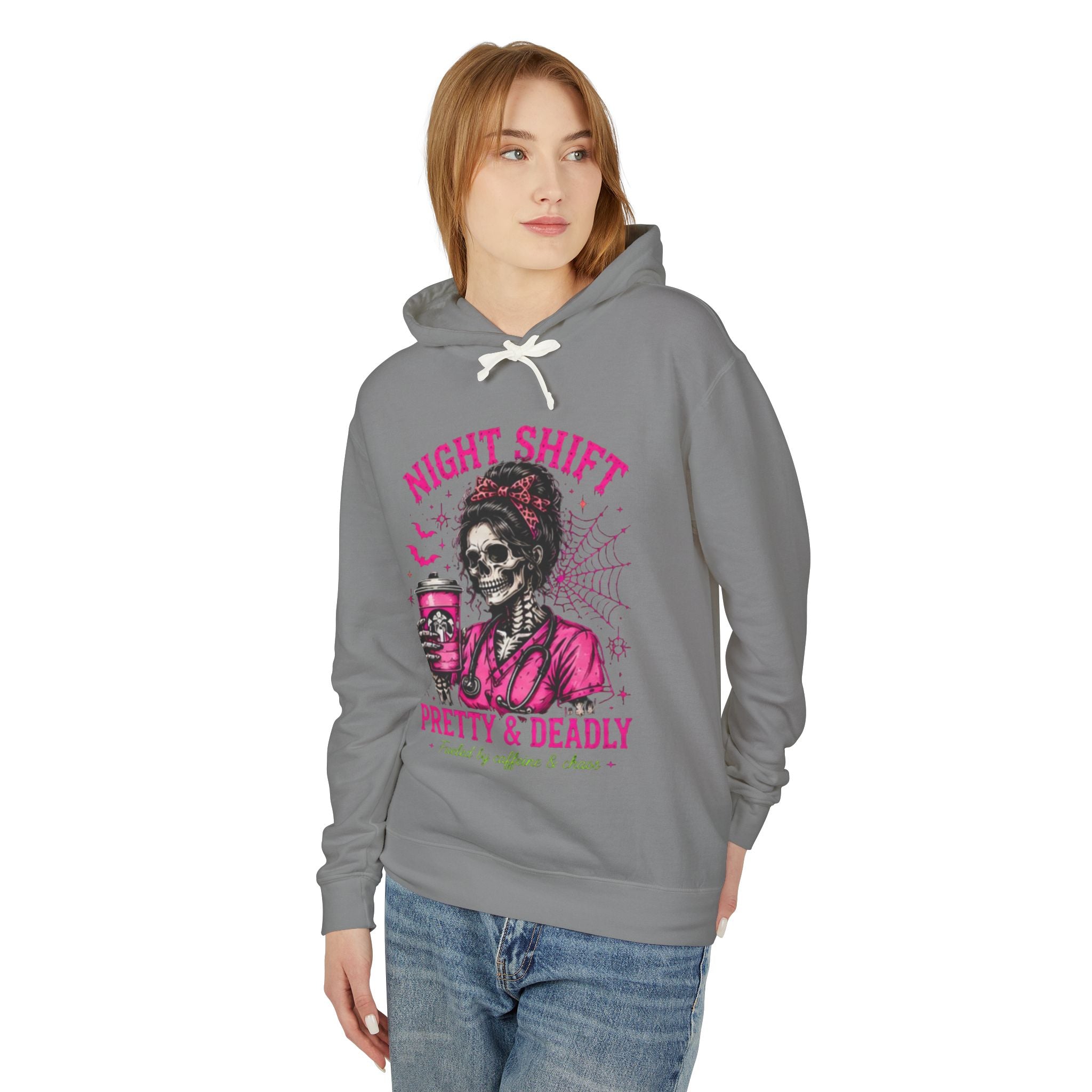 Night Shift Hoodie — "Pretty & Deadly" Skeleton Nurse Coffee Hooded Sweatshirt 1