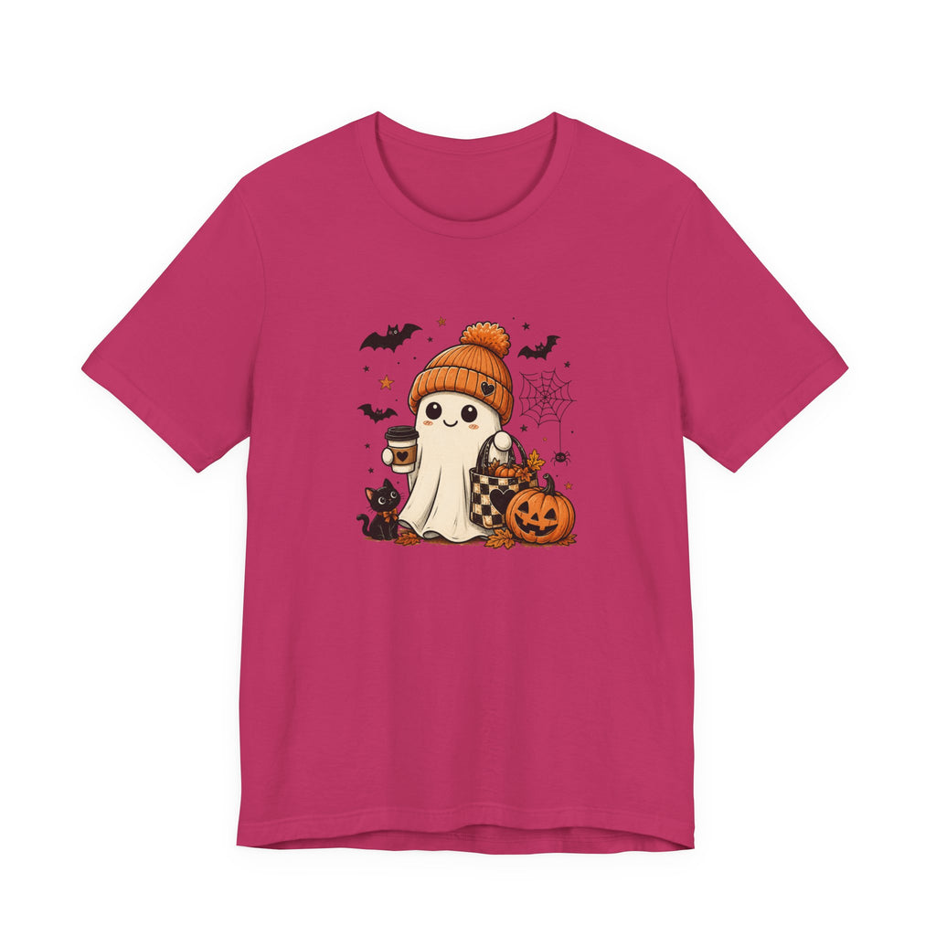 Halloween Ghost Tee – Cute Pumpkin, Black Cat & Coffee Fall Graphic T-Shirt