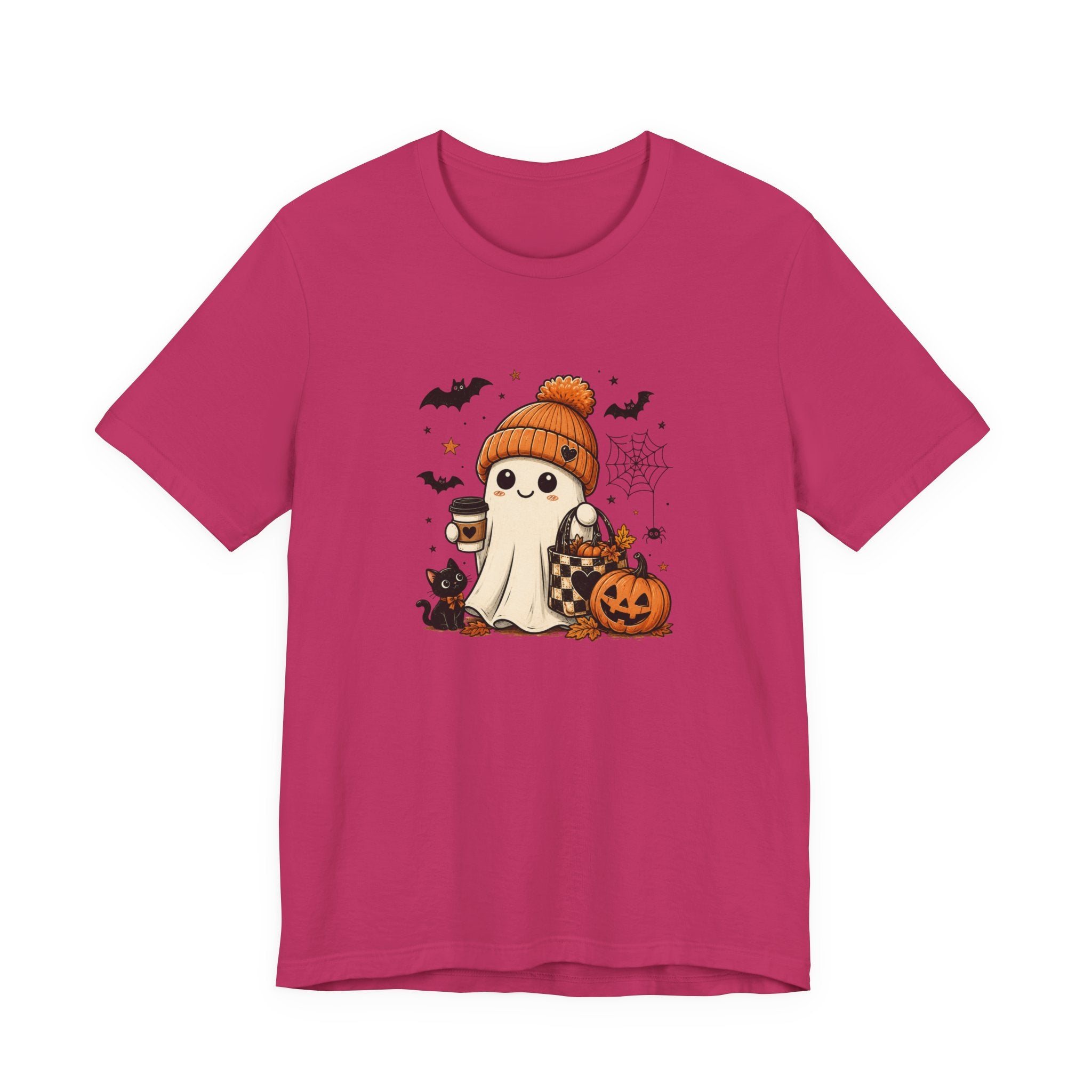 Halloween Ghost Tee – Cute Pumpkin, Black Cat & Coffee Fall Graphic T-Shirt