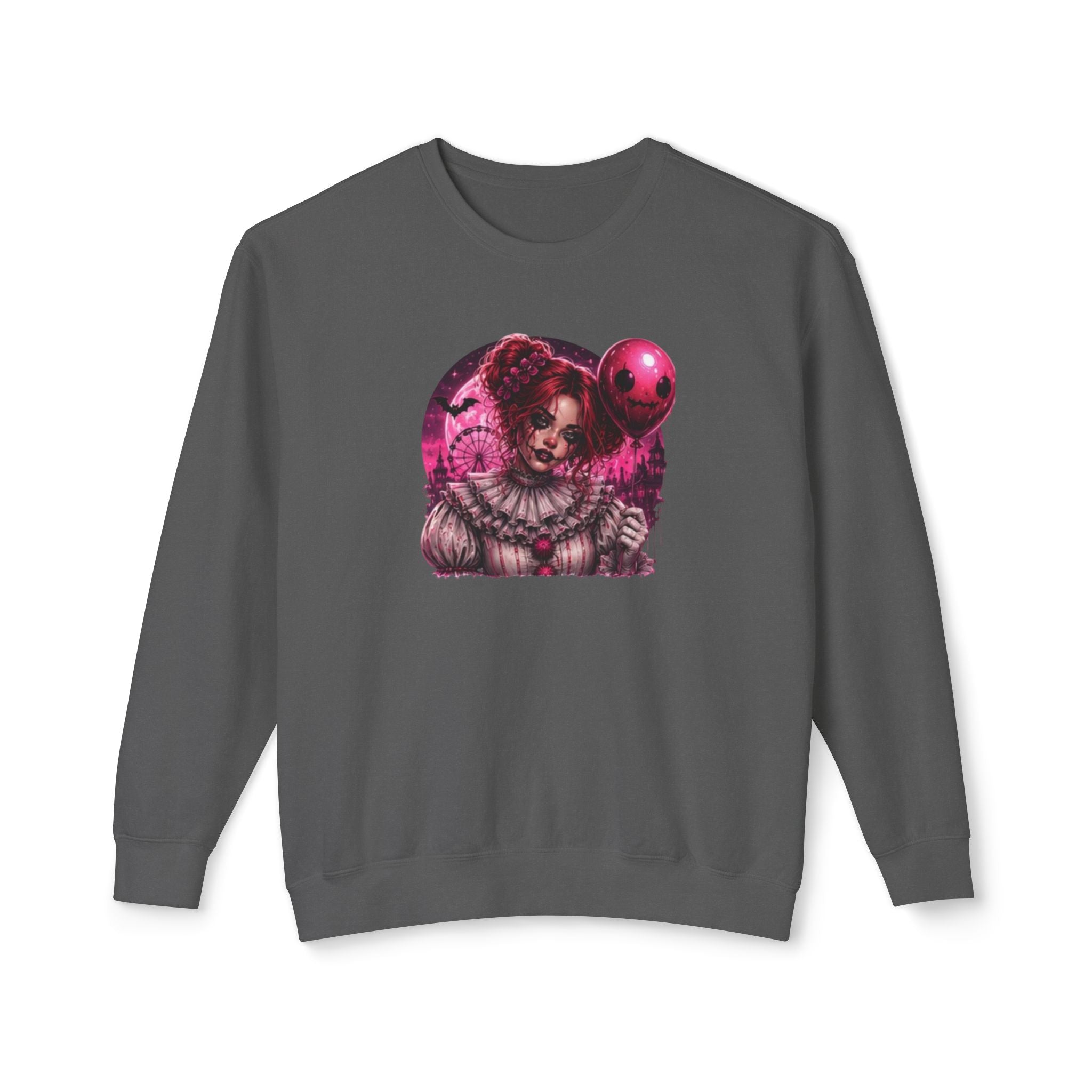 Creepy Clown Portrait Sweatshirt — Gothic Pink Horror Crewneck