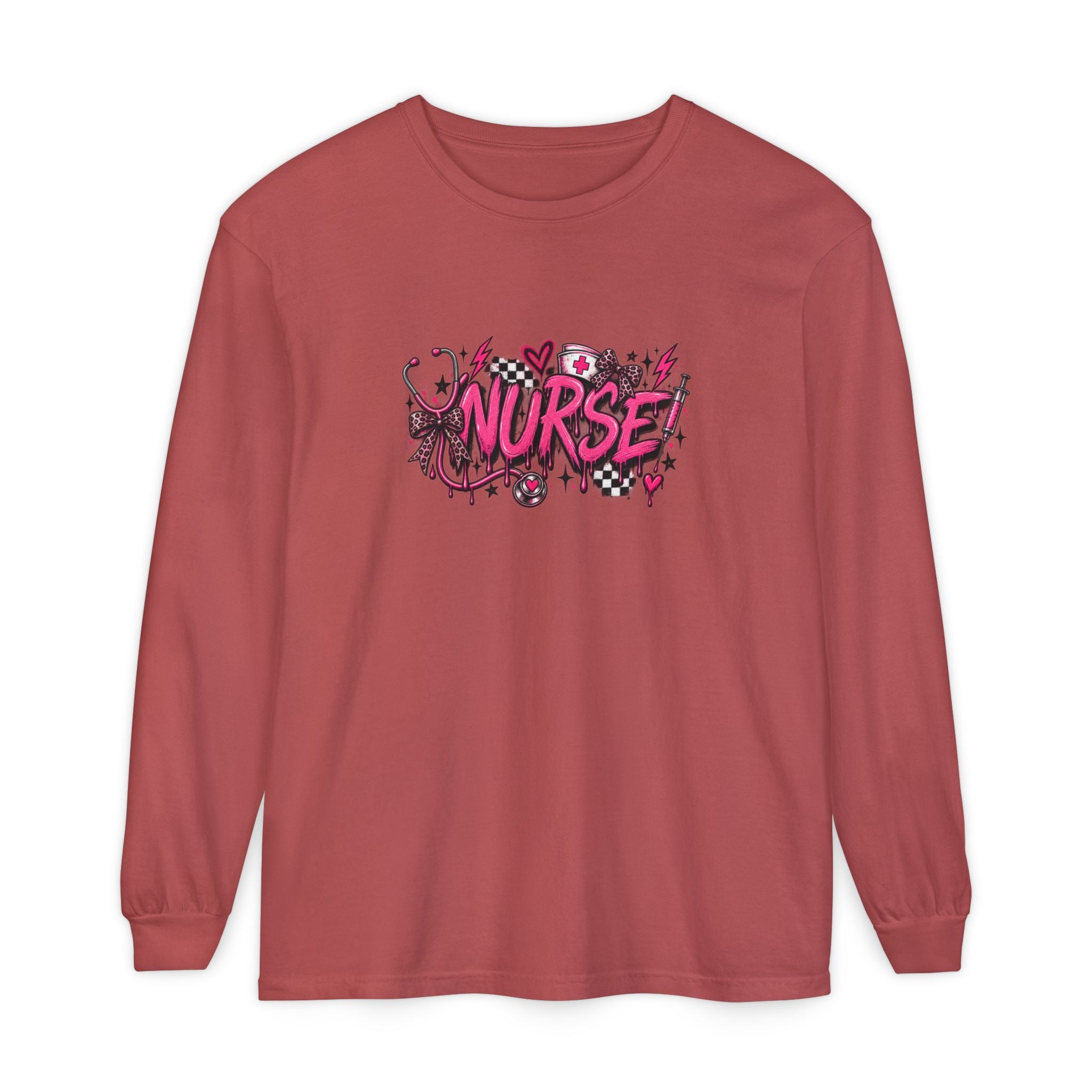 Nurse Comic-Style Long Sleeve Tee — Pink Graphic Nursing Shirt