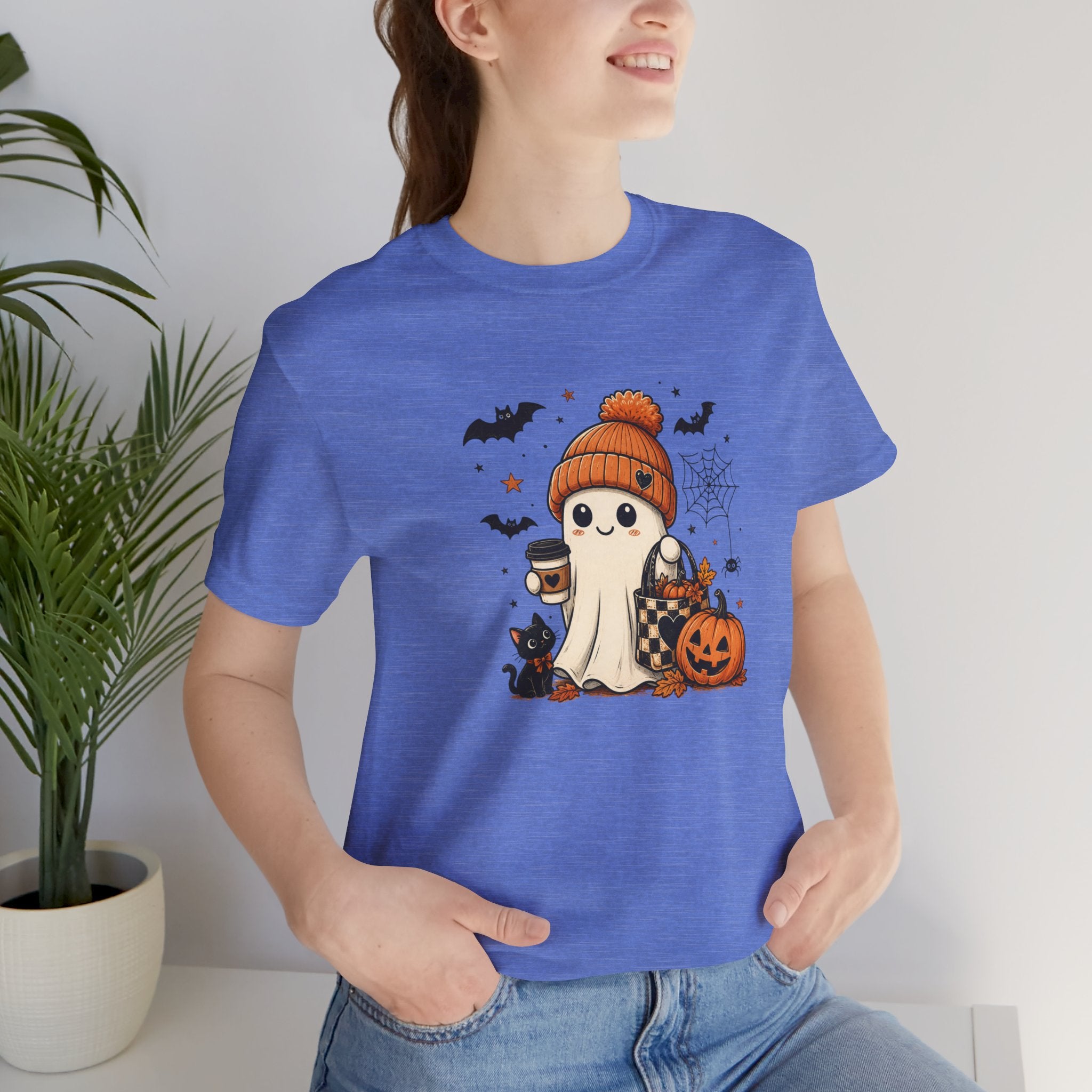 Halloween Ghost Tee – Cute Pumpkin, Black Cat & Coffee Fall Graphic T-Shirt