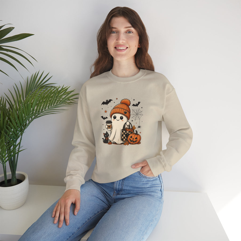 Halloween Ghost Sweatshirt — Cute Ghost with Pumpkin, Black Cat & Coffee