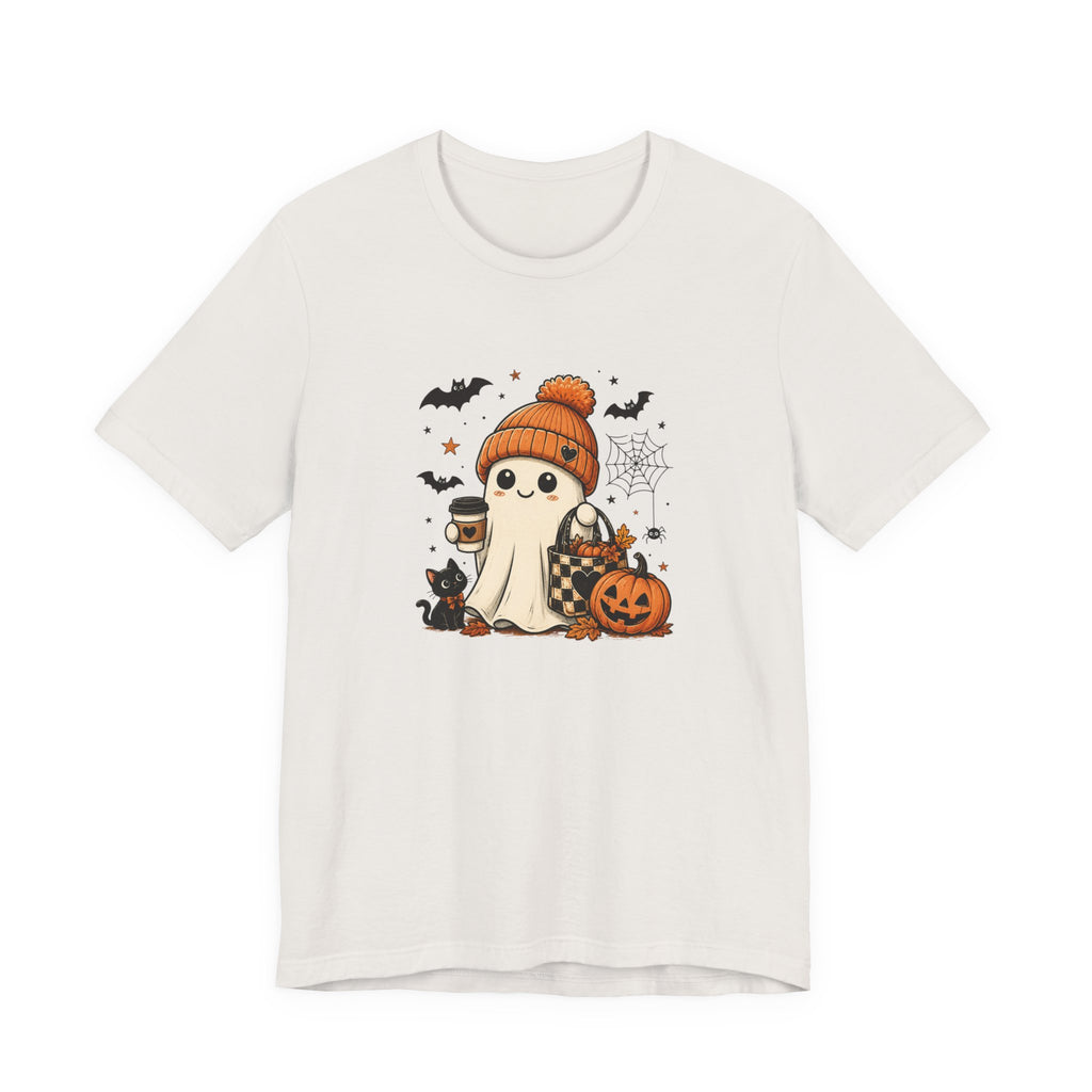 Halloween Ghost Tee – Cute Pumpkin, Black Cat & Coffee Fall Graphic T-Shirt