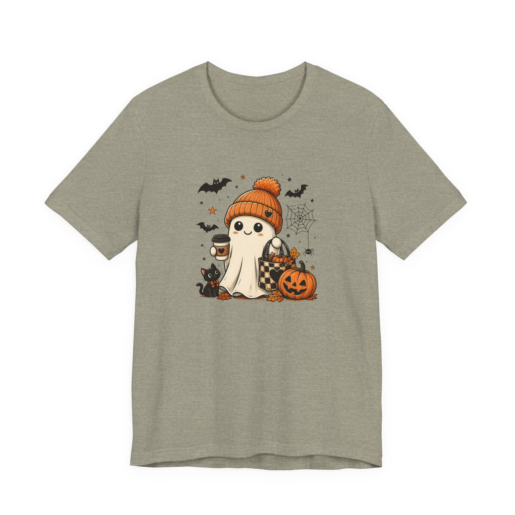 Halloween Ghost Tee – Cute Pumpkin, Black Cat & Coffee Fall Graphic T-Shirt