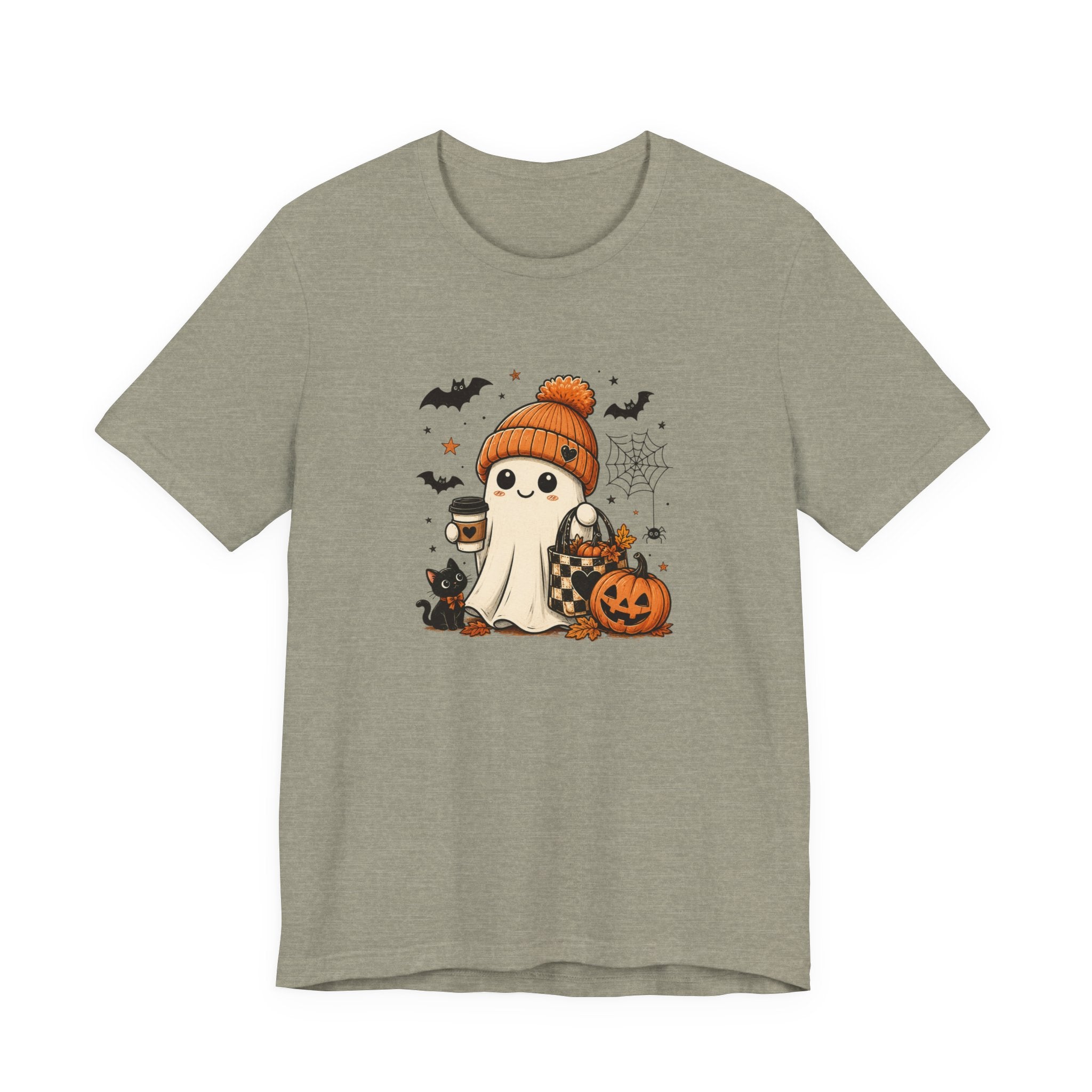 Halloween Ghost Tee – Cute Pumpkin, Black Cat & Coffee Fall Graphic T-Shirt