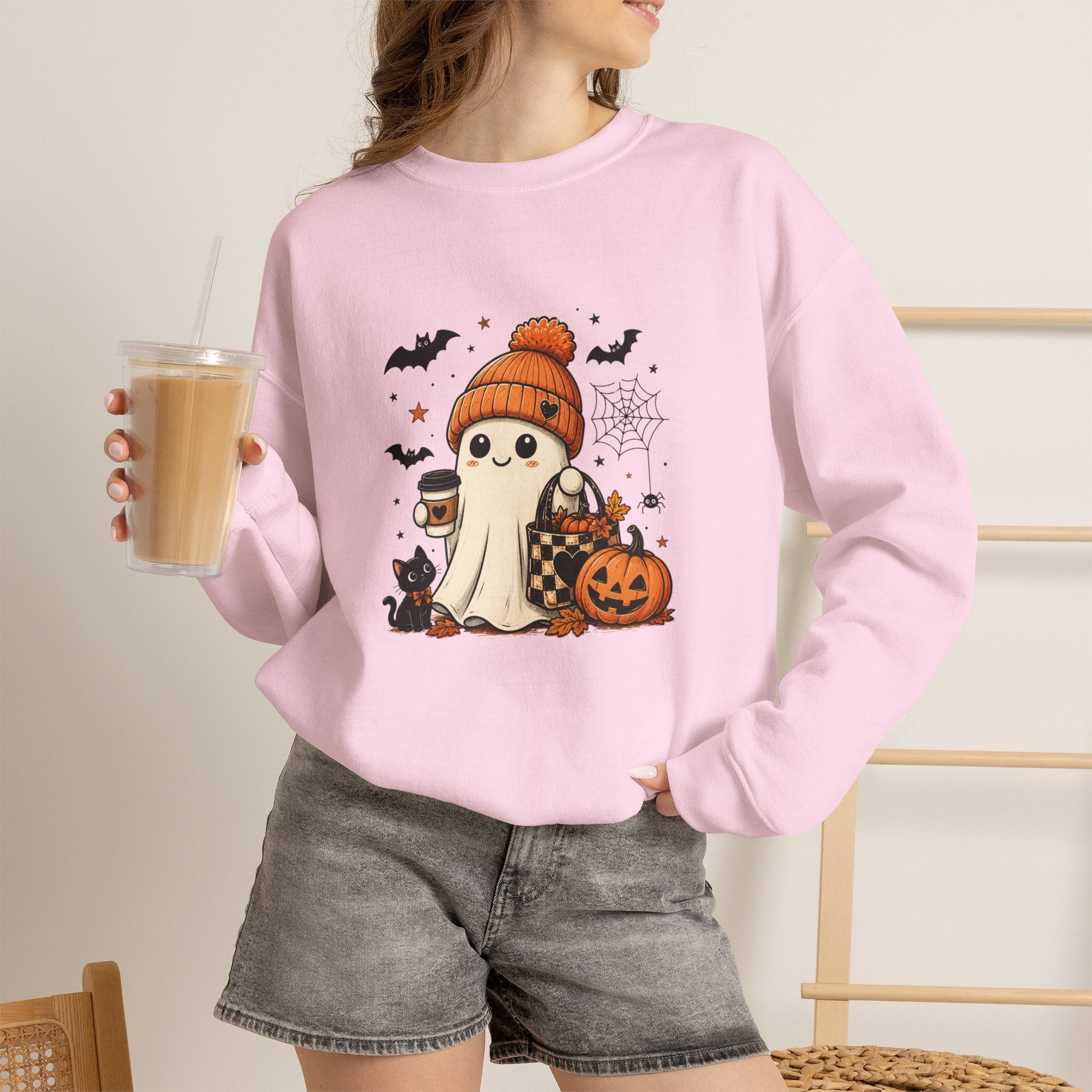 Halloween Ghost Sweatshirt — Cute Ghost with Pumpkin, Cat & Coffee