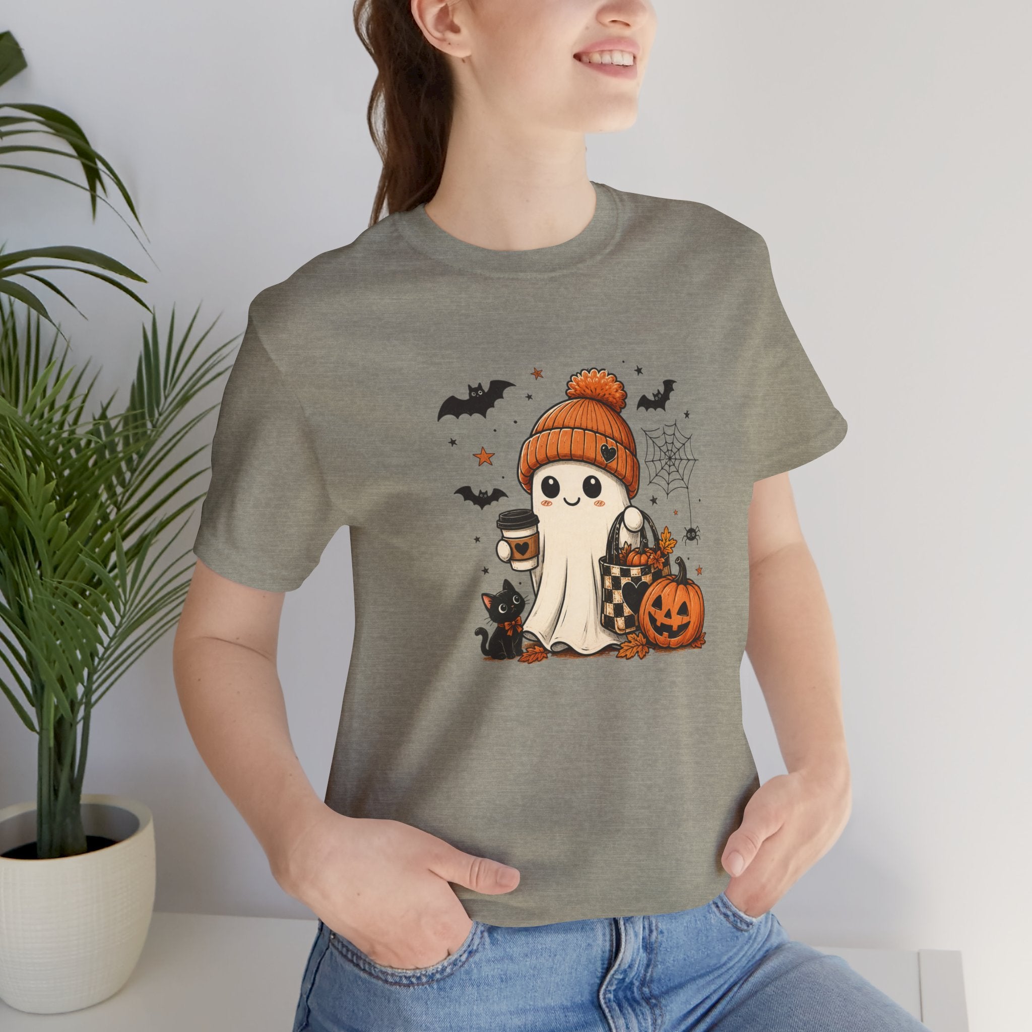 Halloween Ghost Tee – Cute Pumpkin, Black Cat & Coffee Fall Graphic T-Shirt