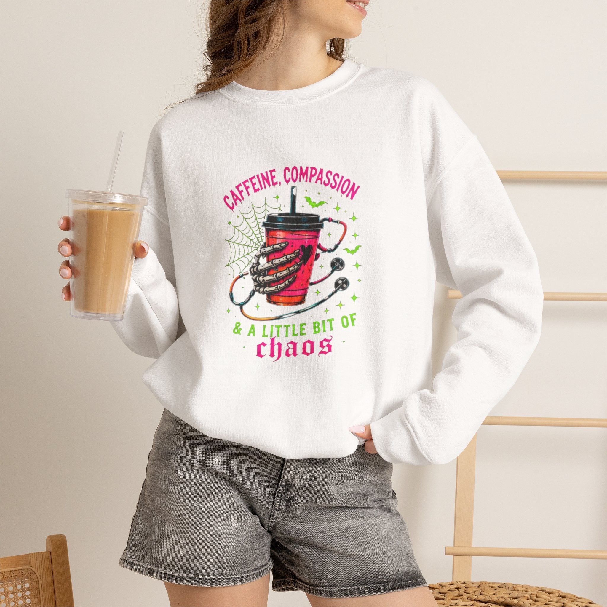 Caffeine, Compassion & A Little Bit of Chaos Crewneck Sweatshirt