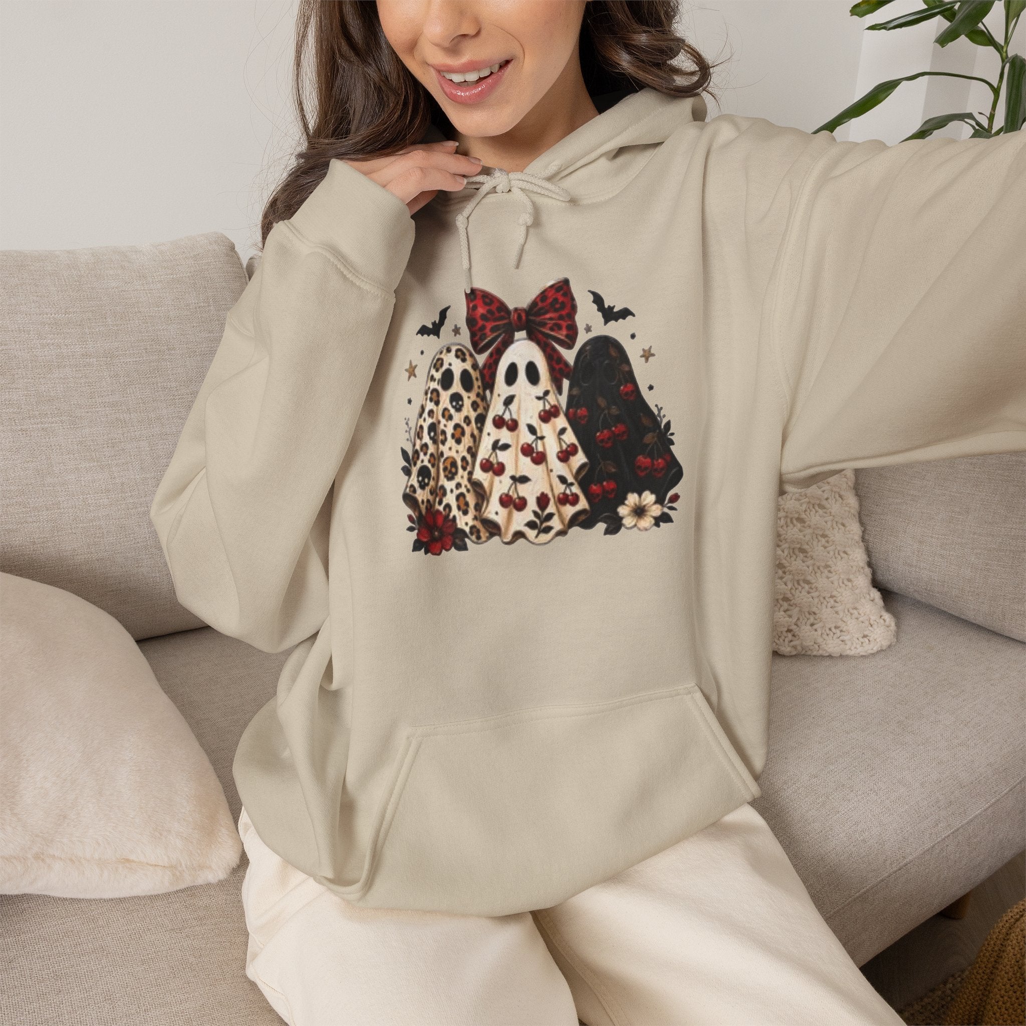 Ghost Trio Leopard & Floral Hoodie — Cute Halloween Graphic Hoodie
