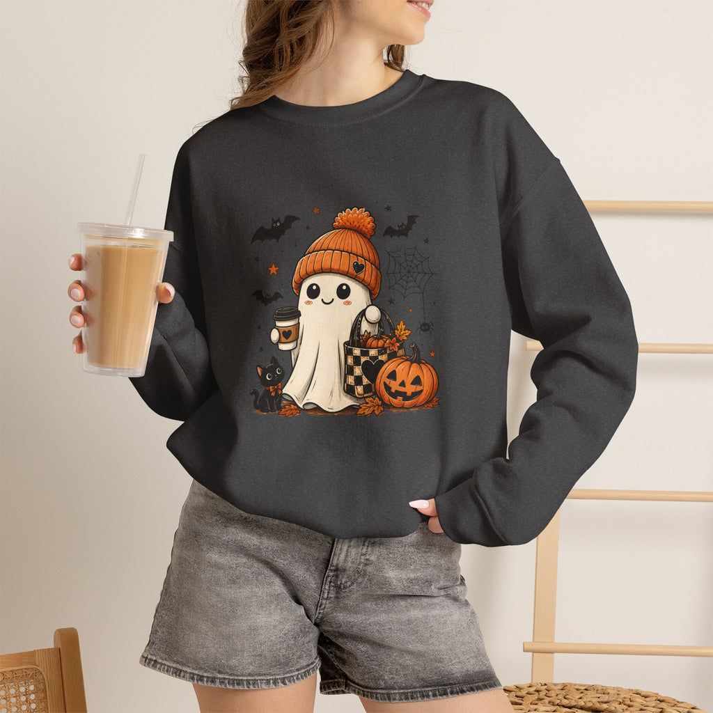 Halloween Ghost Sweatshirt — Cute Ghost with Pumpkin, Cat & Coffee
