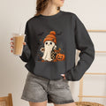 Halloween Ghost Sweatshirt — Cute Ghost with Pumpkin, Cat & Coffee