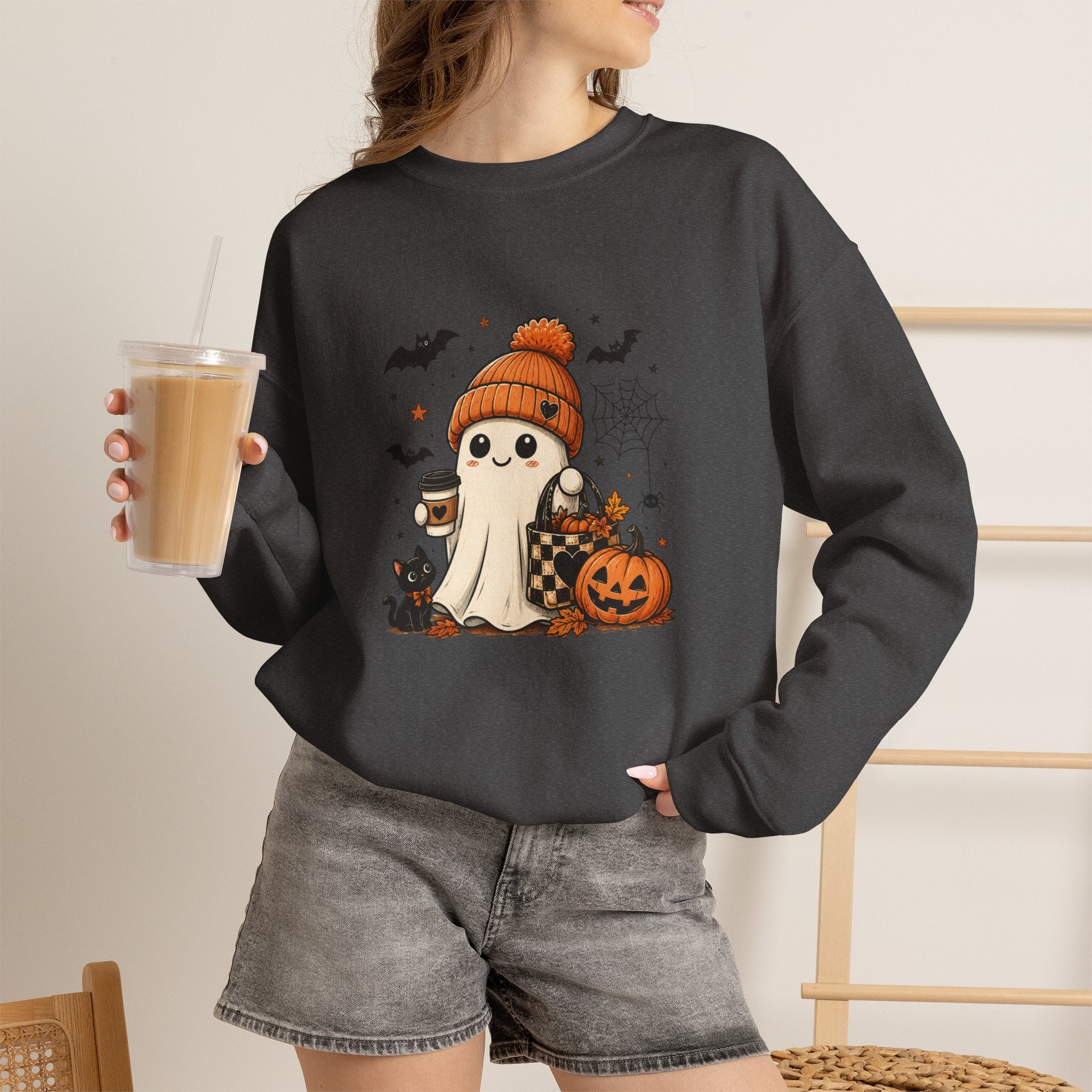 Halloween Ghost Sweatshirt — Cute Ghost with Pumpkin, Cat & Coffee