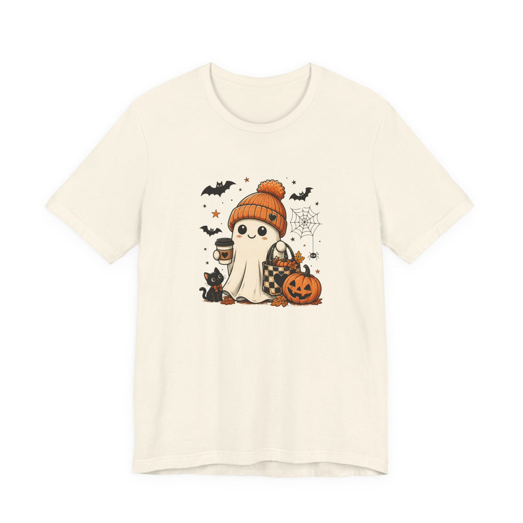 Halloween Ghost Tee – Cute Pumpkin, Black Cat & Coffee Fall Graphic T-Shirt