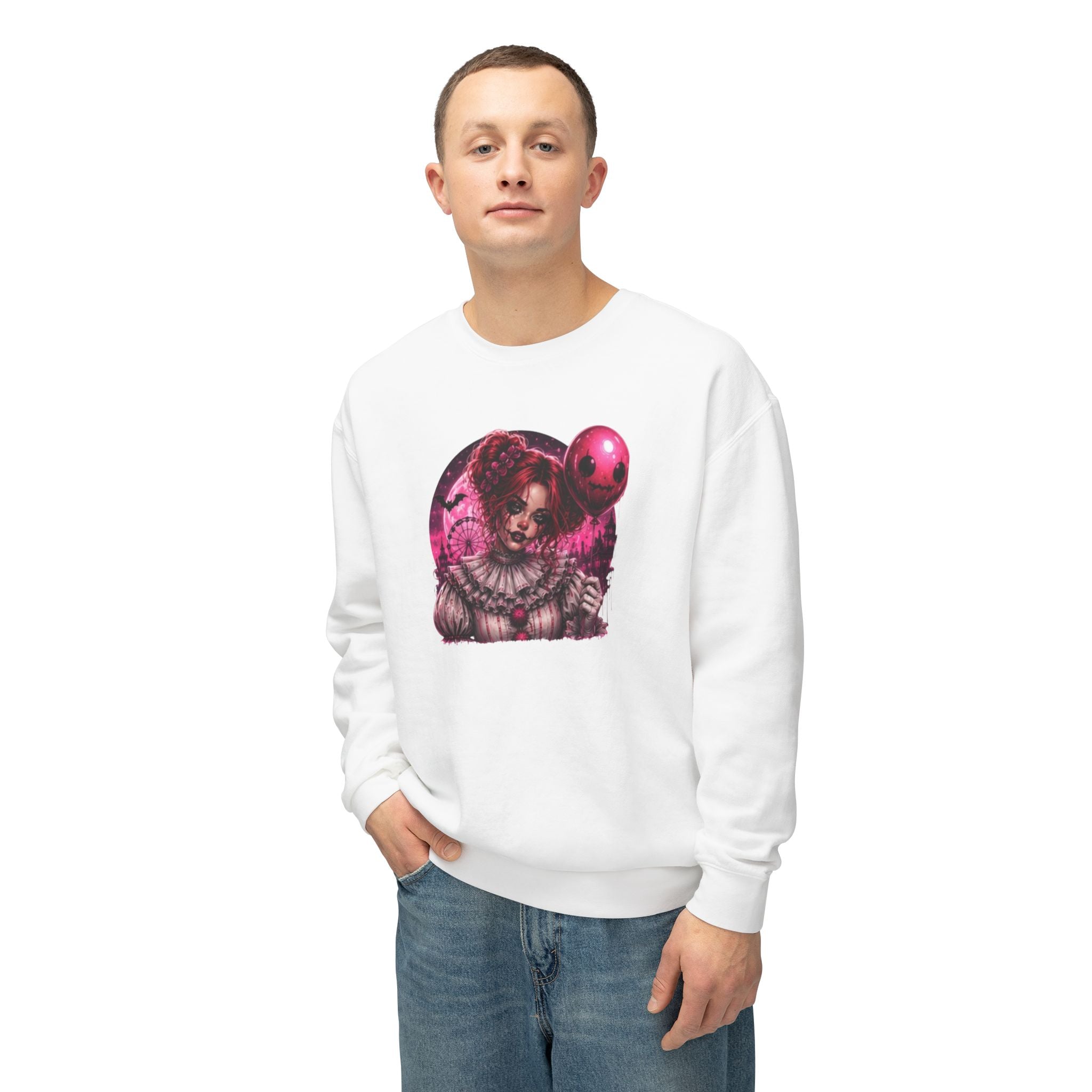Creepy Clown Portrait Sweatshirt — Gothic Pink Horror Crewneck